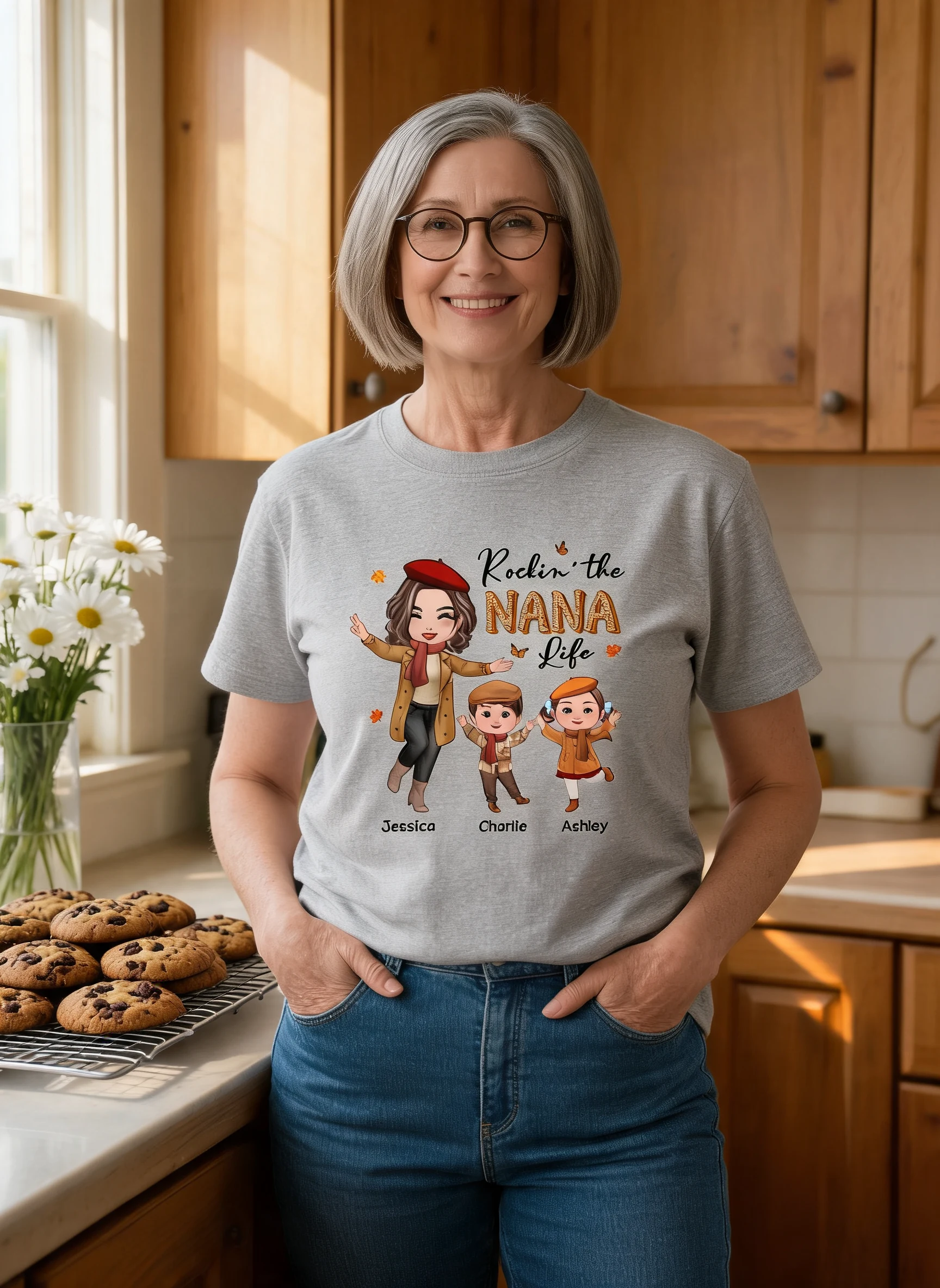 Rockin' Nana Life Fall Season Happy Doll Woman And Kids Personalized Shirt — Sport Grey