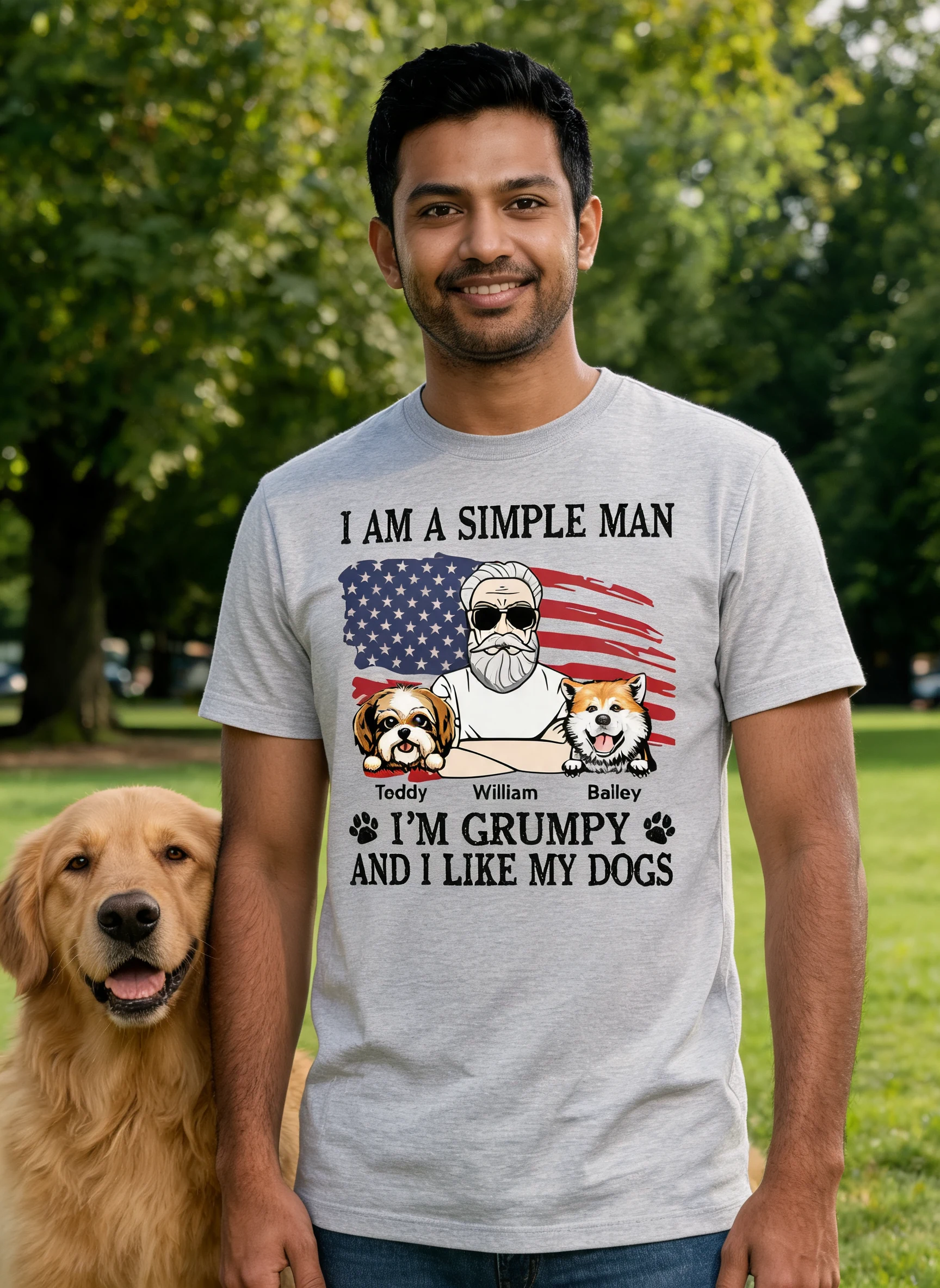 Simple Man Grumpy And Like My Dogs Nation Flag Personalized Shirt, Perfect Gift for Dog Lovers — Sport Grey