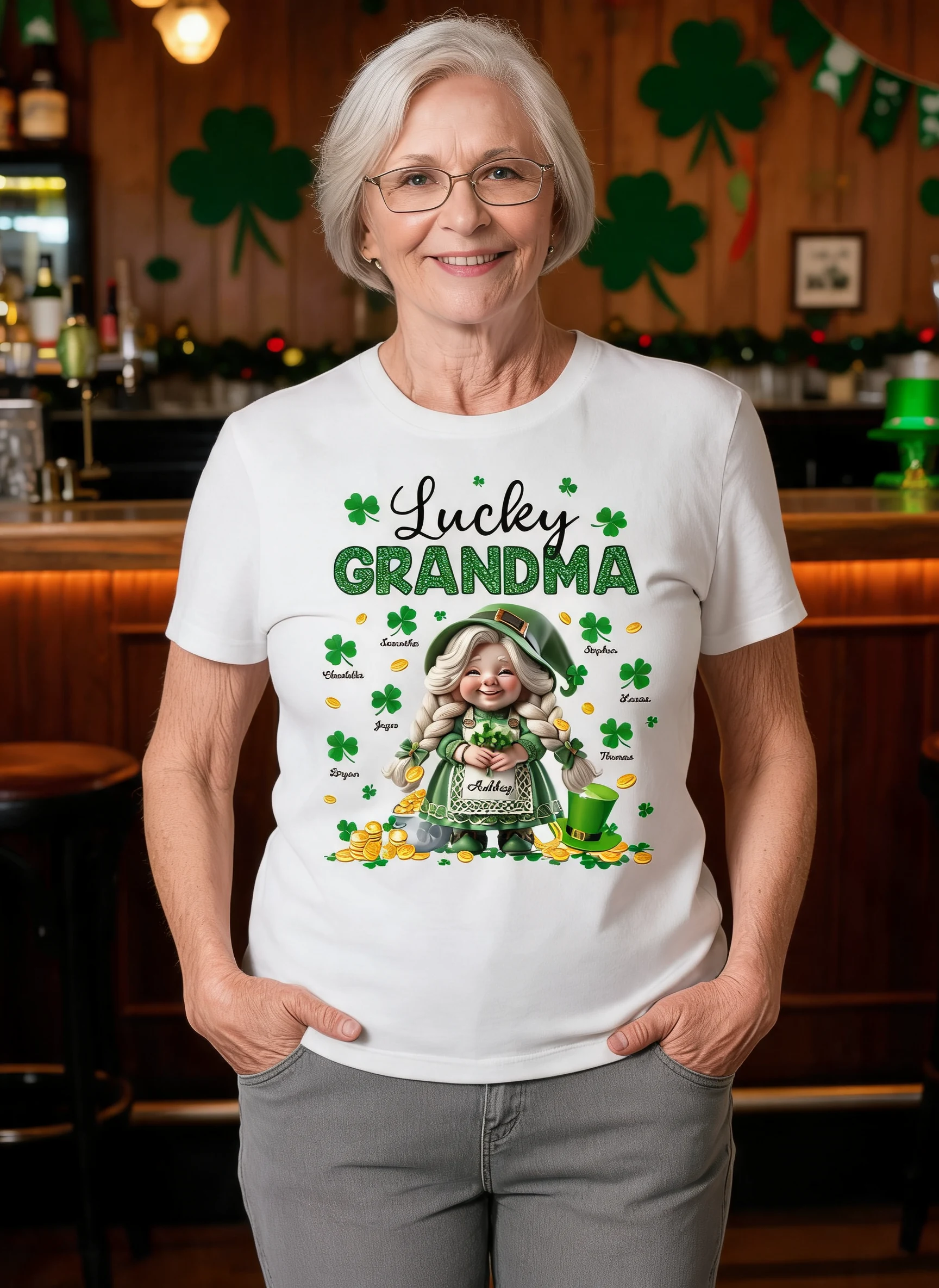 St. Patrick's Day Gnome Lucky Grandma Personalized Shirt — White