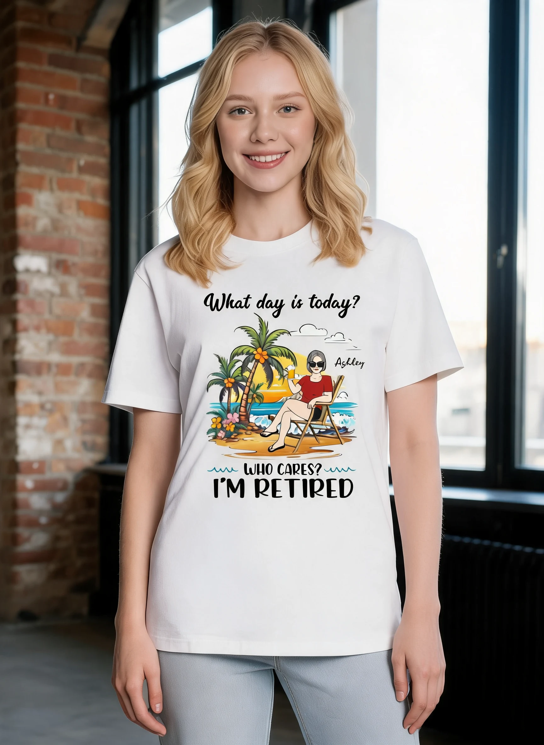 Summer Beach Landscape What Day Is Today I'm Retired Woman Personalized Shirt — White