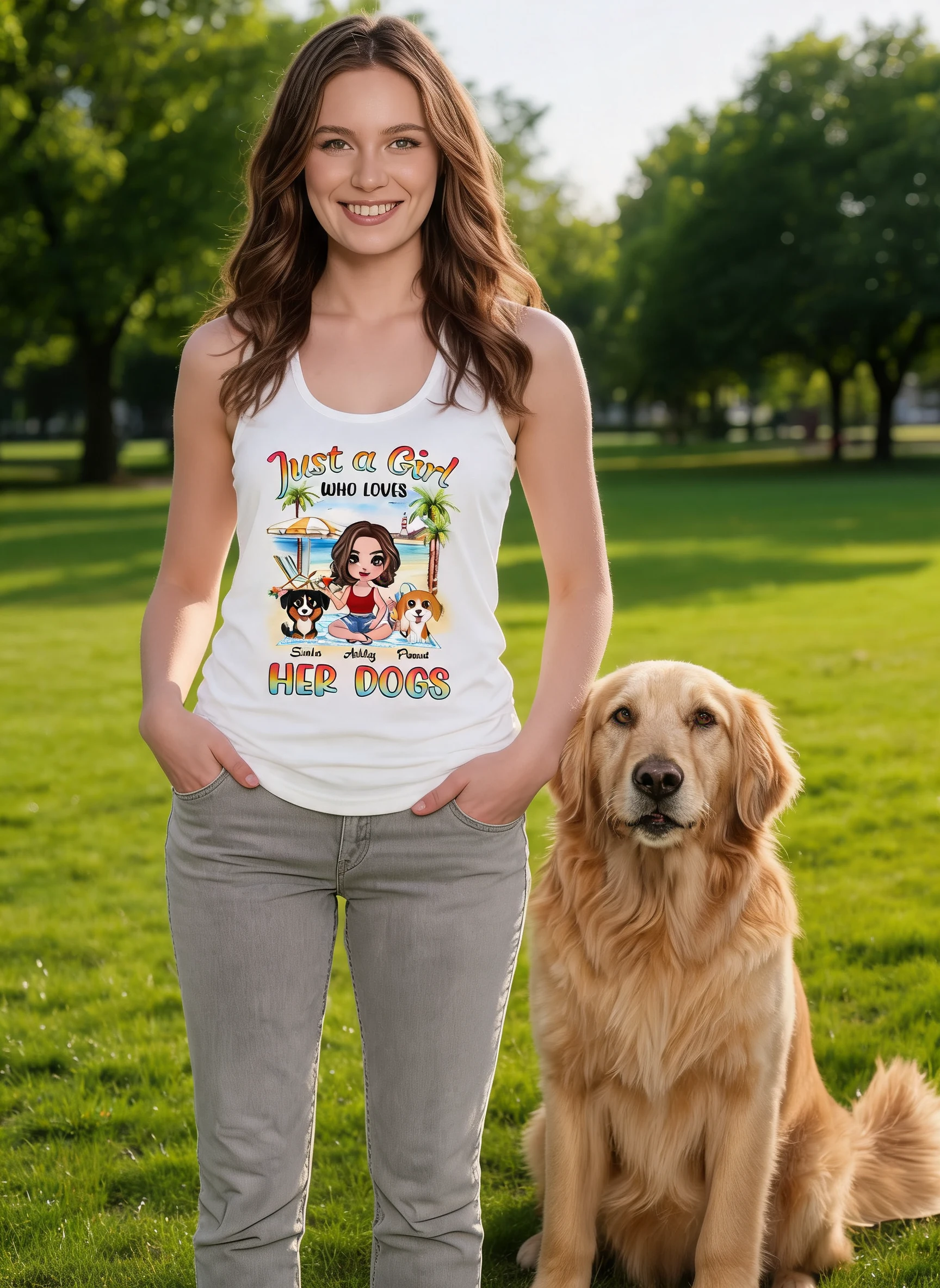 Summer Doll Woman Sitting With Watercolor Cute Dogs Personalized Tank Top Shirt — White