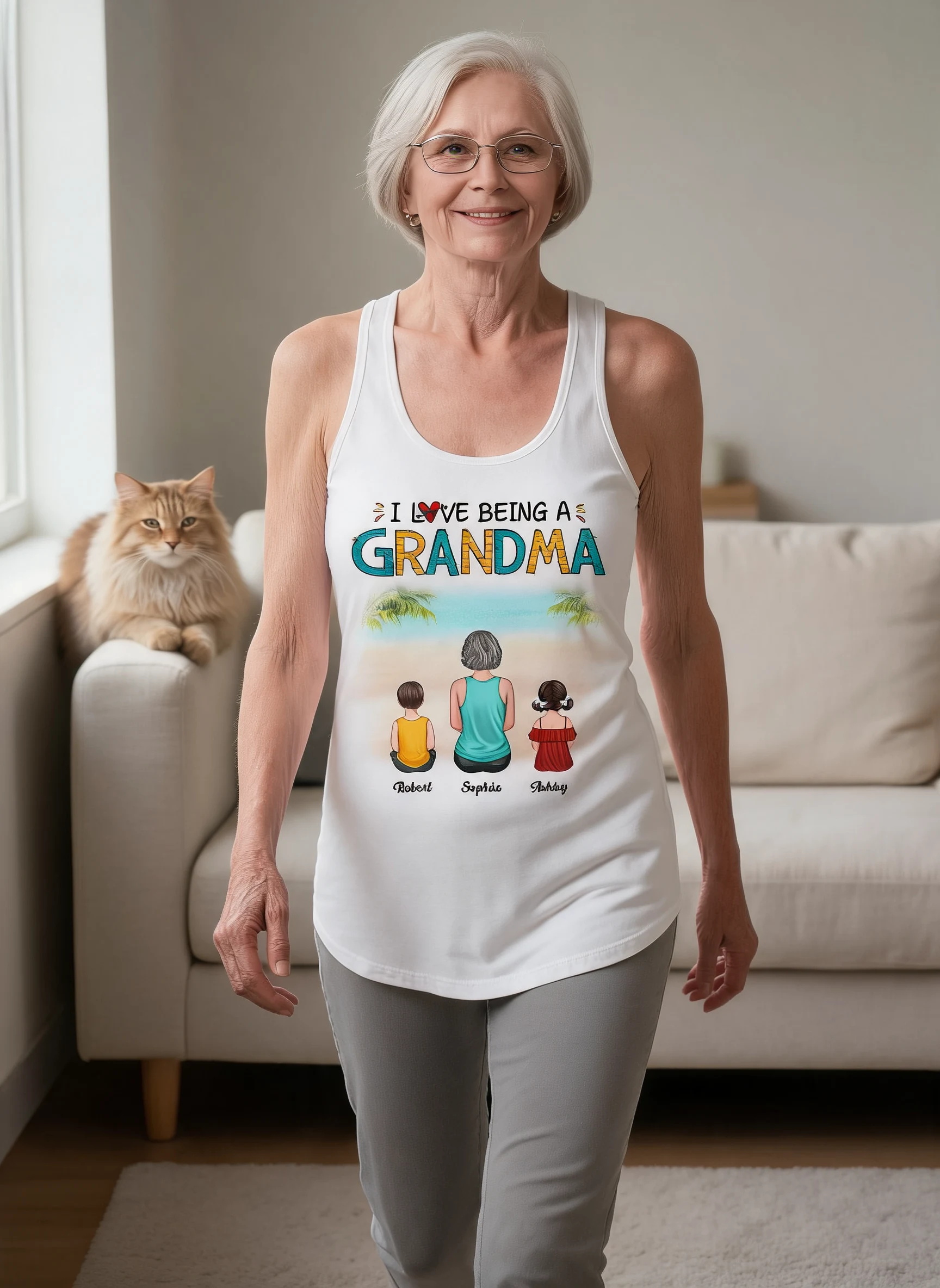 Summer Love Being A Grandma Back View Woman & Kid Dog Cat Personalized Tank Top Shirt — White