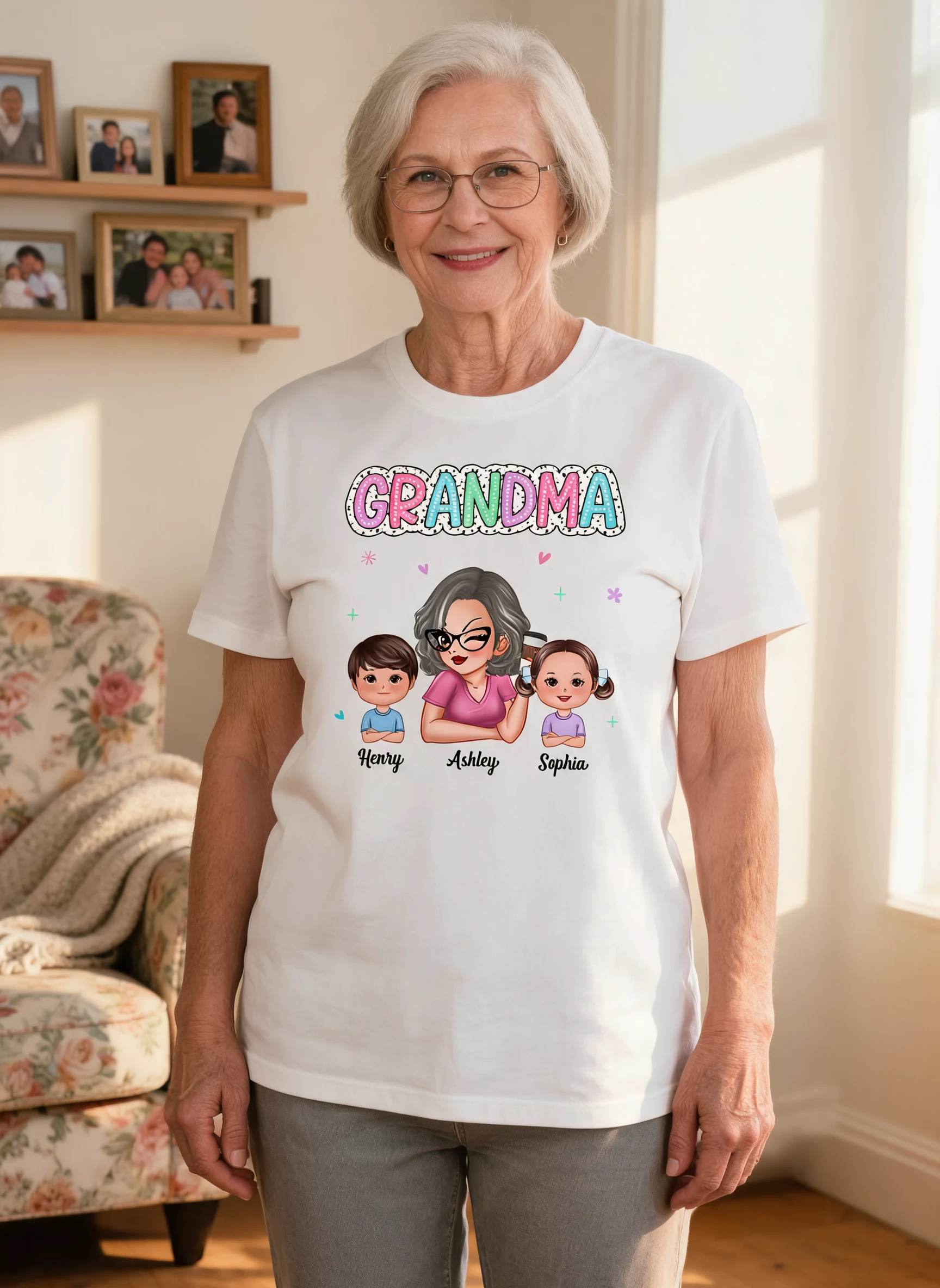 Summer Pastel Dalmatian Dots Grandma And Grandkids Personalized Shirt — White