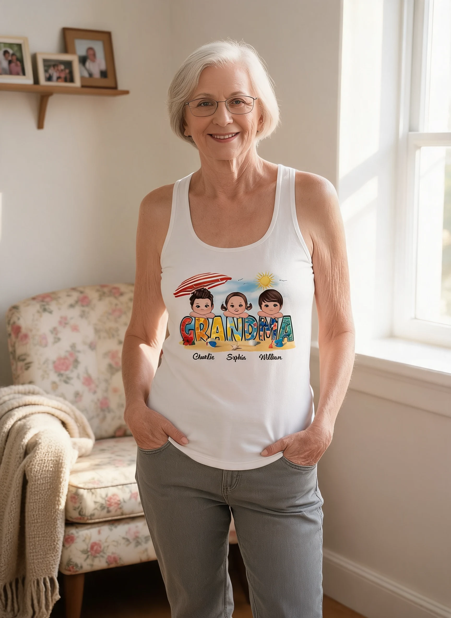 Summer Pattern Grandma Mom Auntie Doll Kids On Hand Personalized Tank Top Shirt — White
