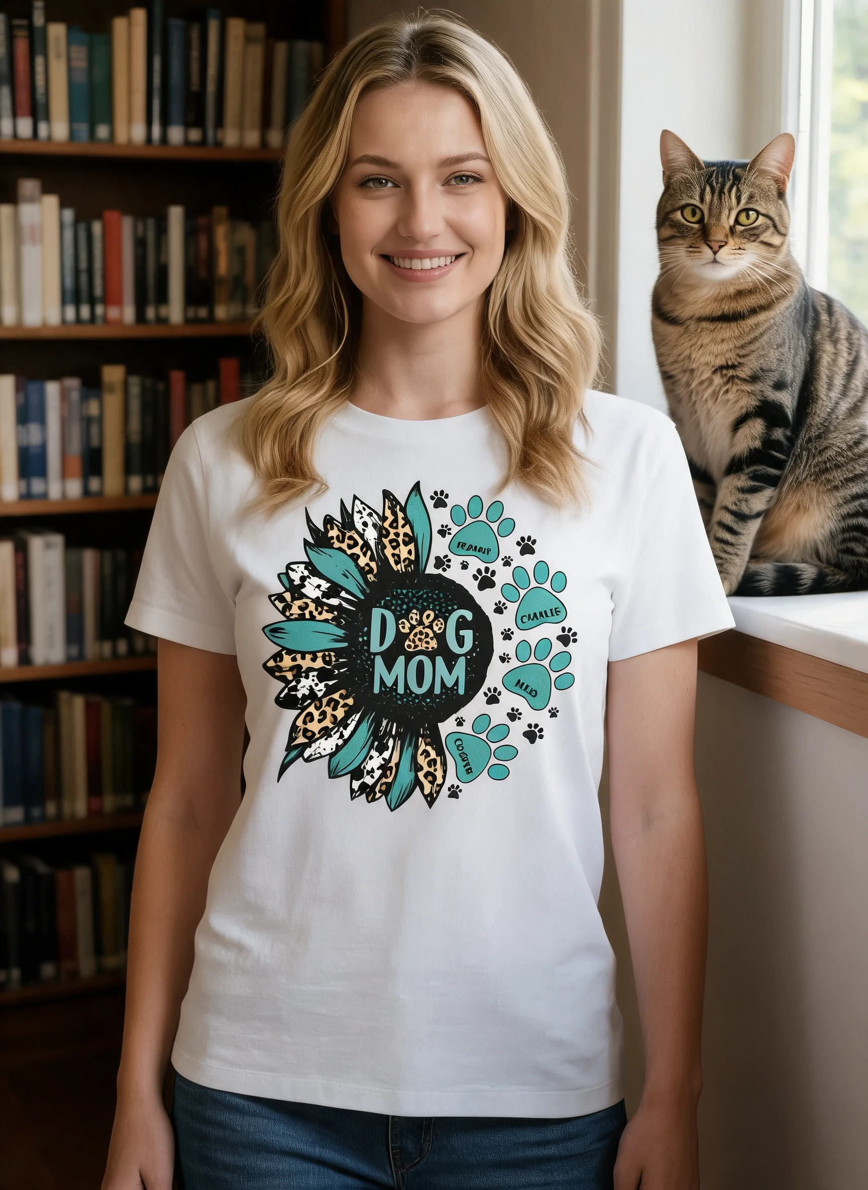 Sunflower Turquoise Cowhide Leopard Dog Cat Mom Personalized Shirt — White