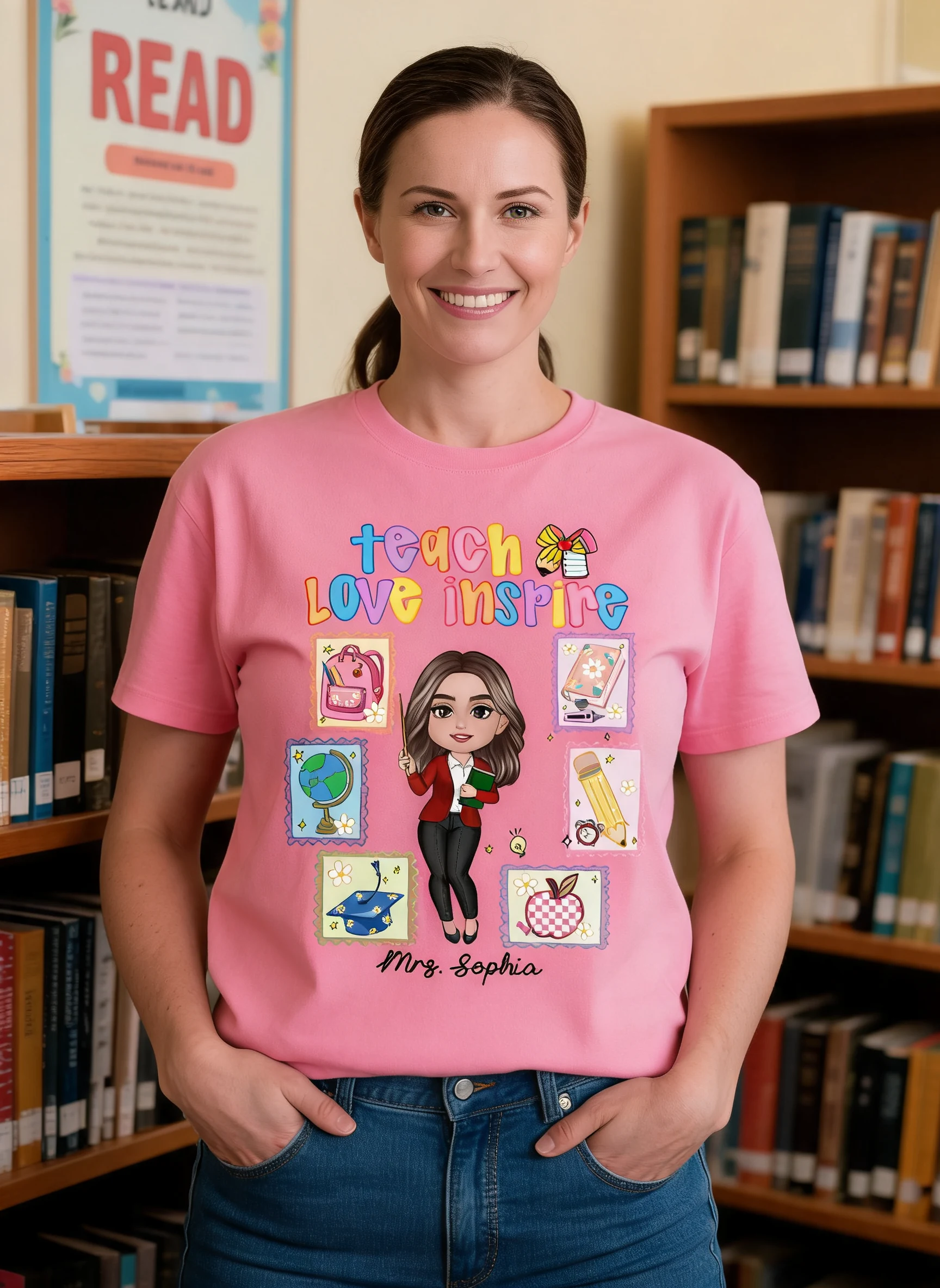 Teach Love Inspire Preppy School Thing Stamp Teacher Personalized Shirt, Back to School — Light Pink