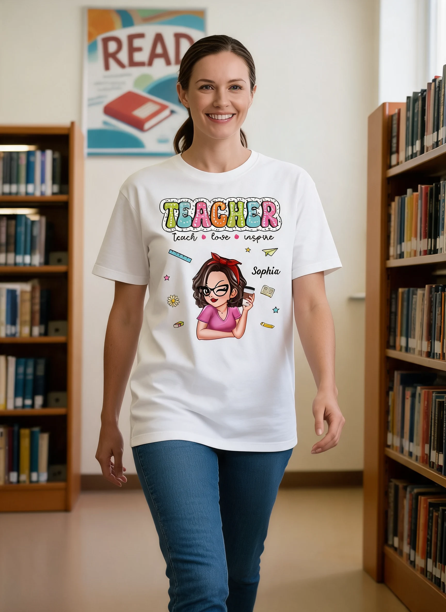 Camiseta Personalizada Maestro Enseña Ama Inspira Verano, Vuelta a Clases, Agradecimiento al Maestro, Regalo para Maestro — Blanco