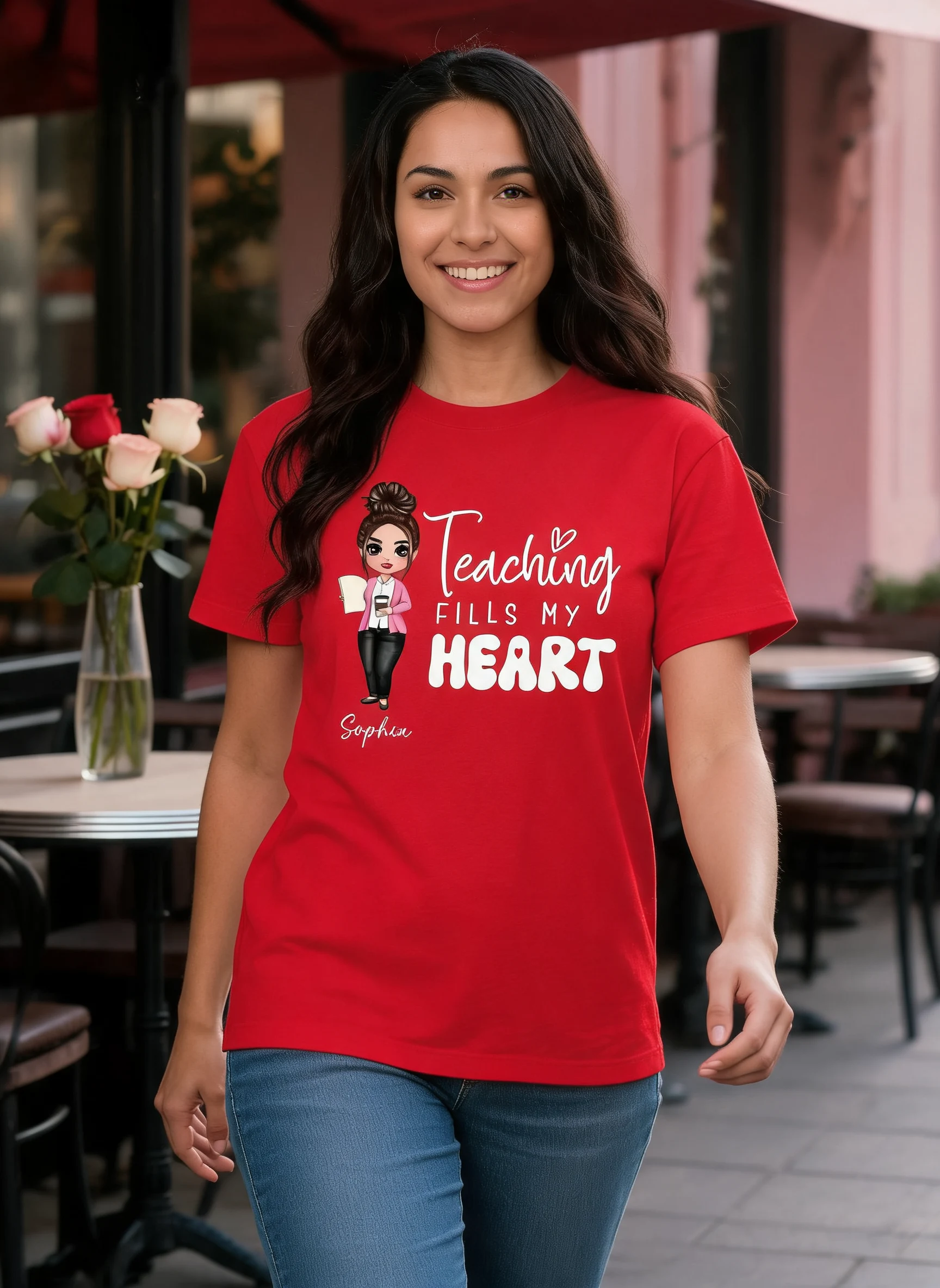 Teaching Is Heart Work Valentinstag-Geschenk für Lehrer Personalisiertes Shirt — Weiß