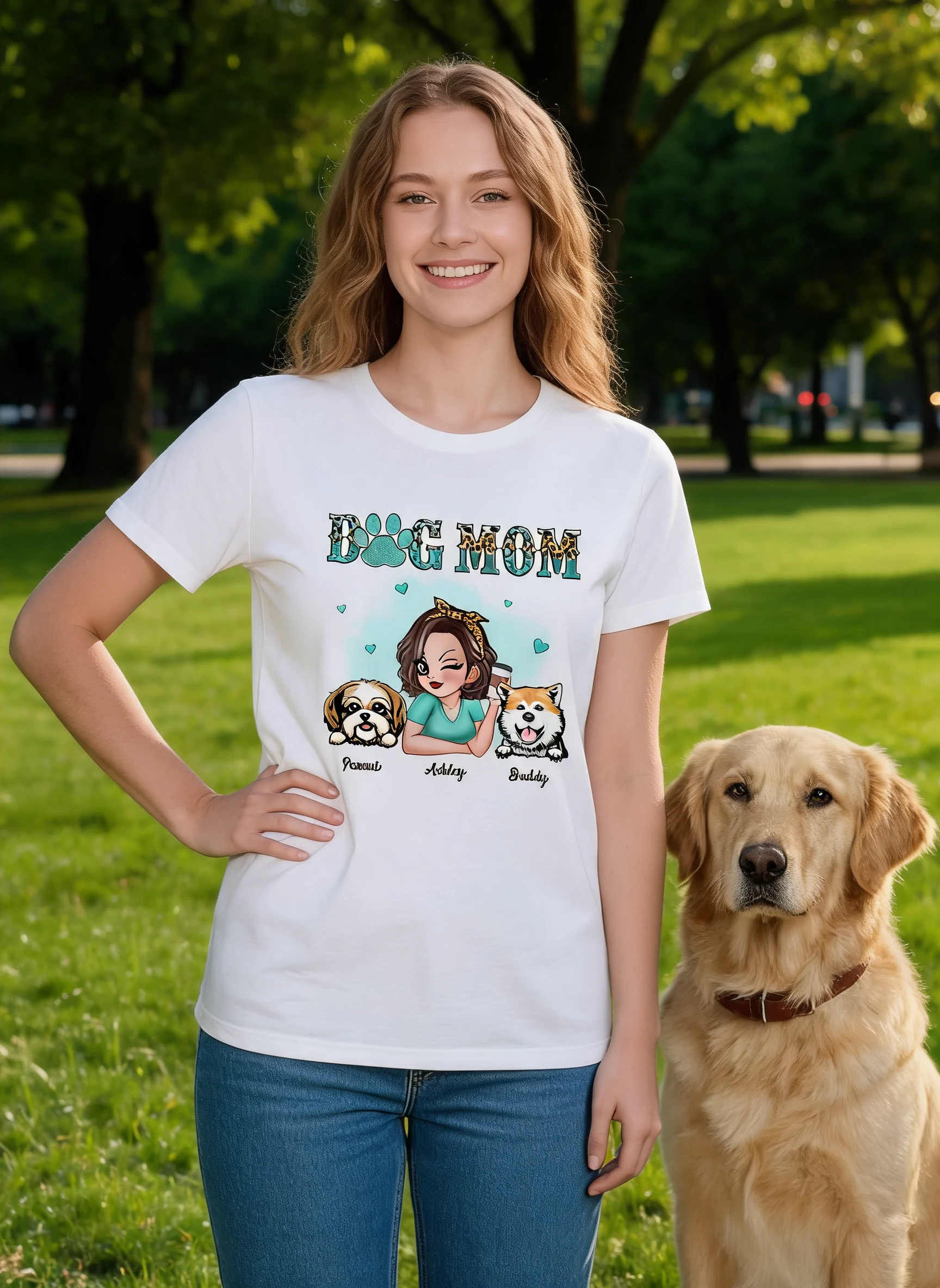 Teal And Leopard Dog Mom Gift For Dog Lovers Personalized Shirt — White