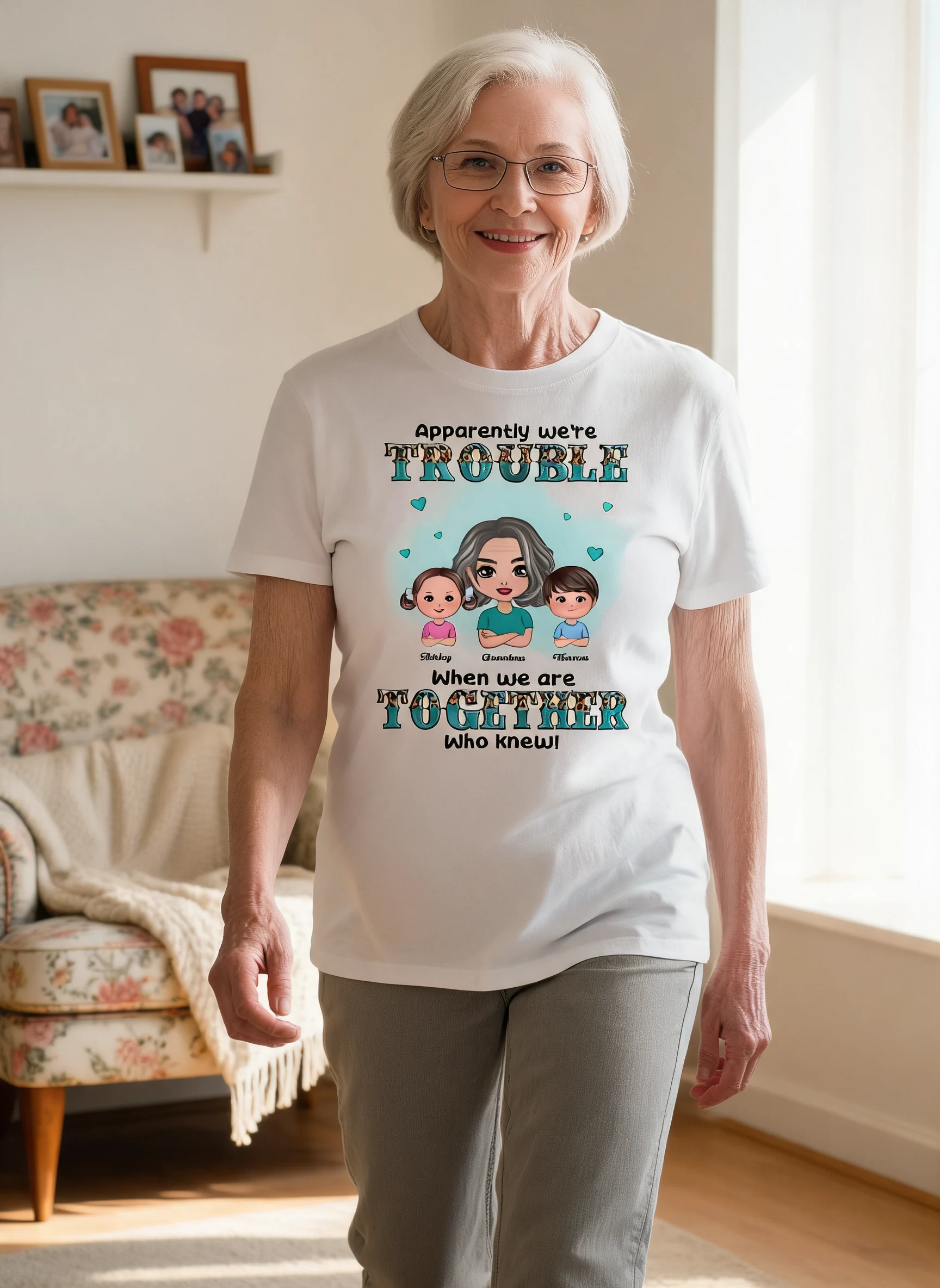 Teal And Leopard Doll Grandma Grandkids Trouble Together Personalized shirt — White