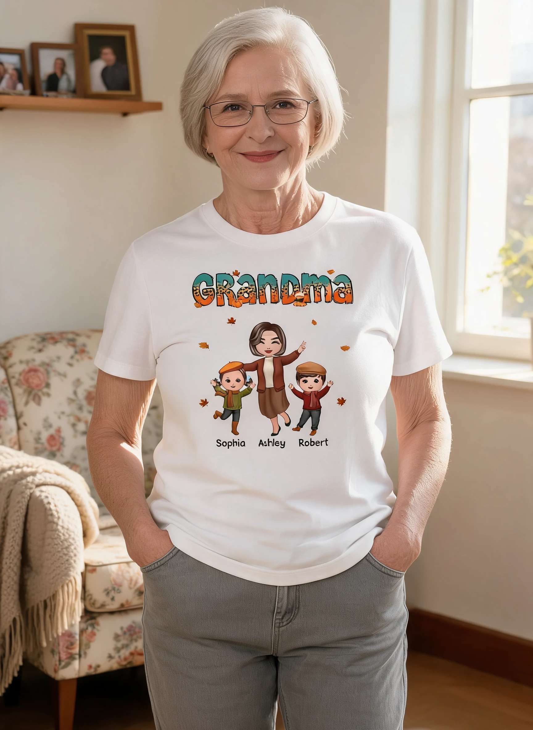 Teal Orange And Leopard Fall Season Happy Grandma Grandkids Personalized Shirt — White