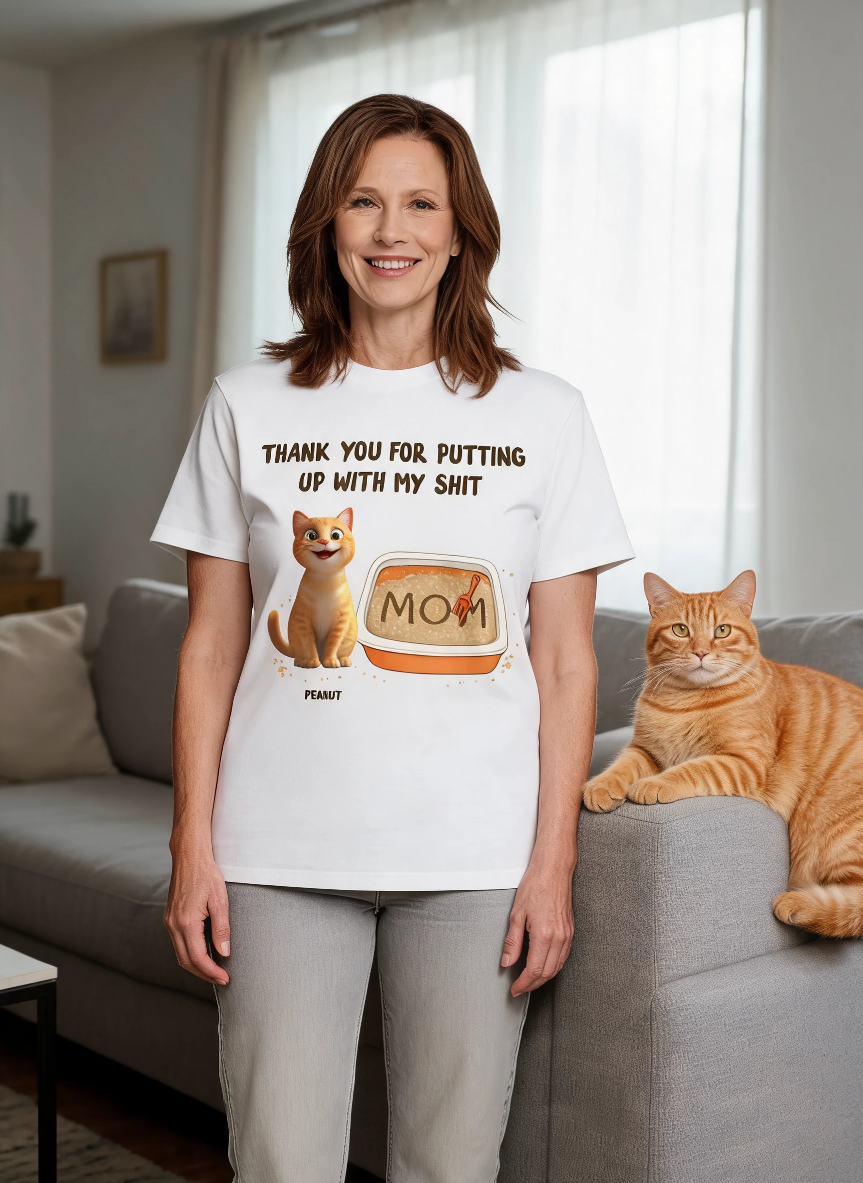 Danke, dass du meine Scheiße erträgst Personalisiertes Shirt, lustiges Geschenk für Katzenmamas — Weiß