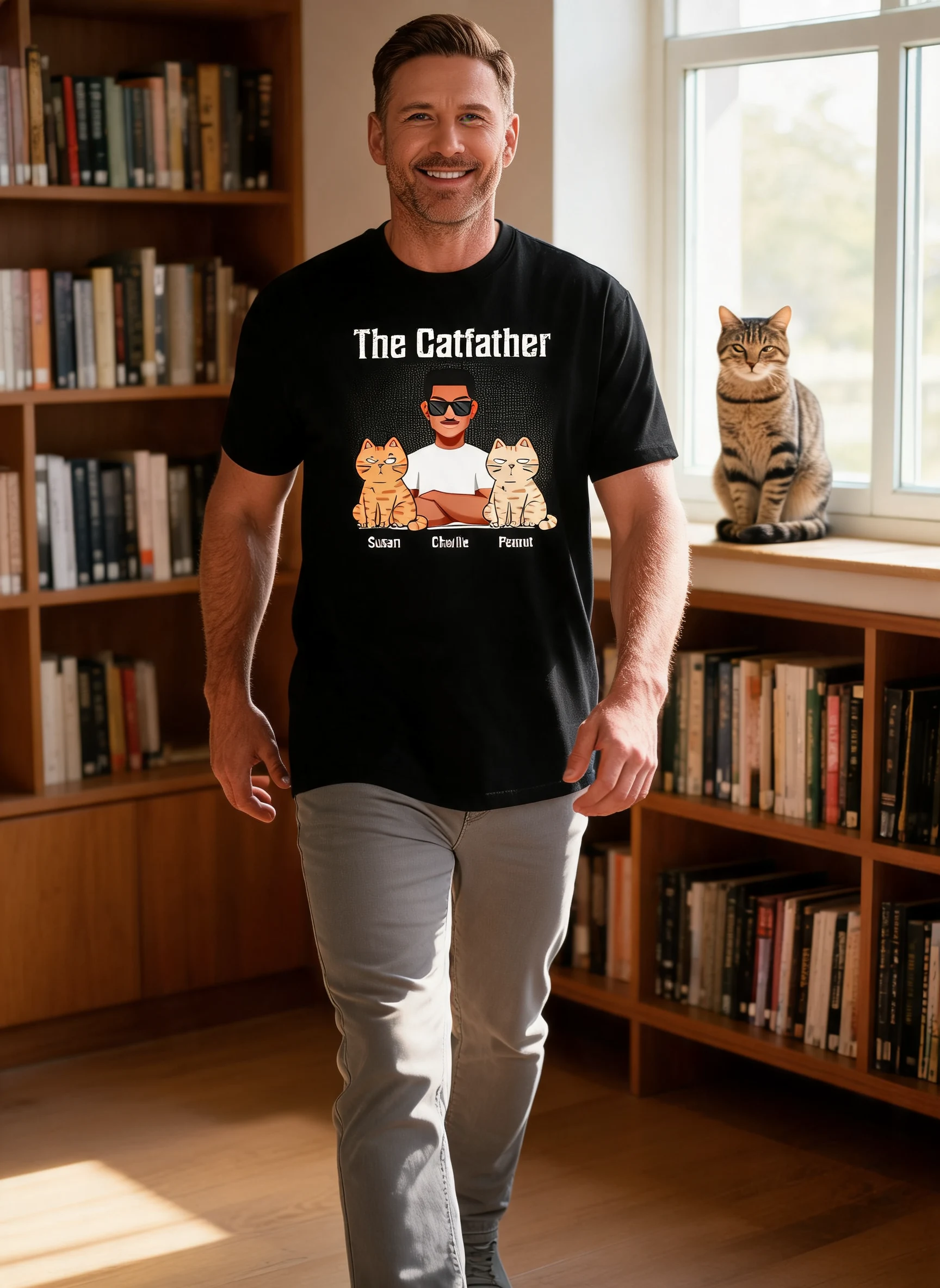The Catfather Katzenpapa Personalisiertes Shirt mit verschränkten Armen — Schwarz