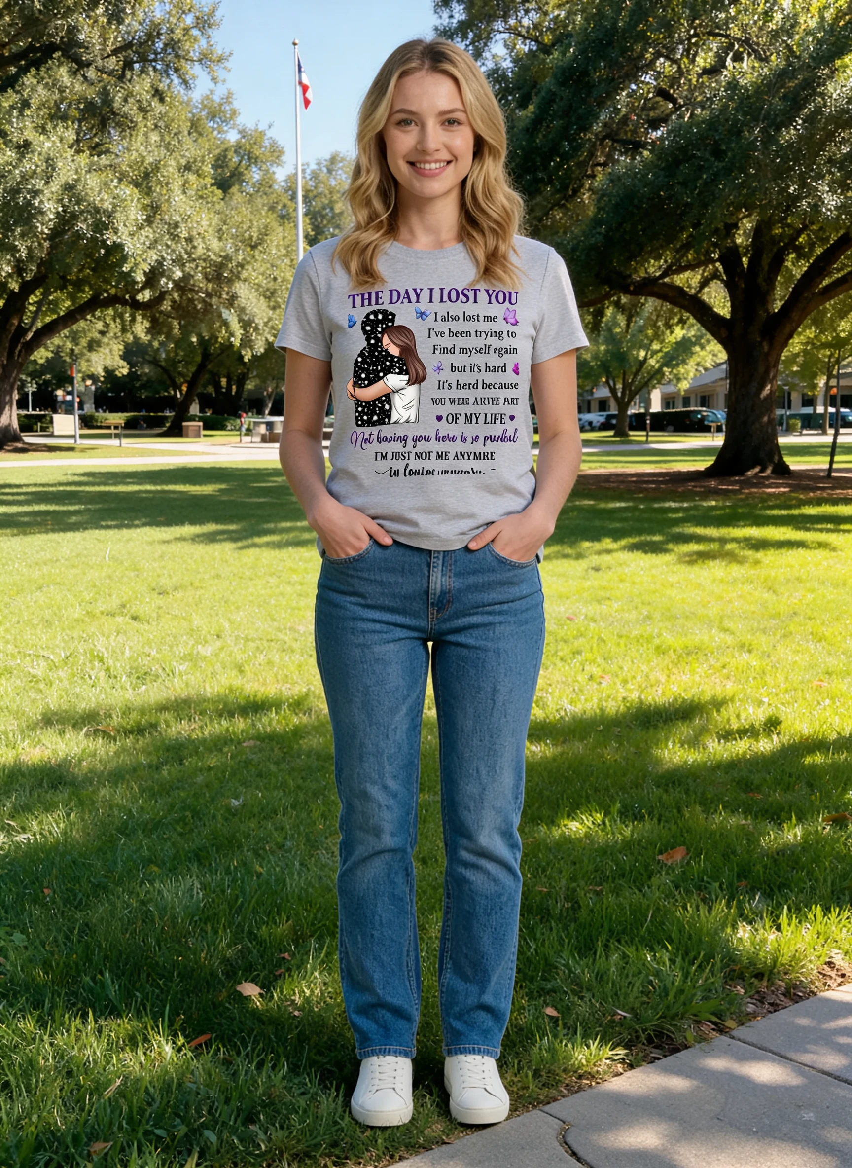 The Day I Lost You I Also Lost Me Woman Hugging Lost Loved One Memorial Personalized Shirt β Sport Grey