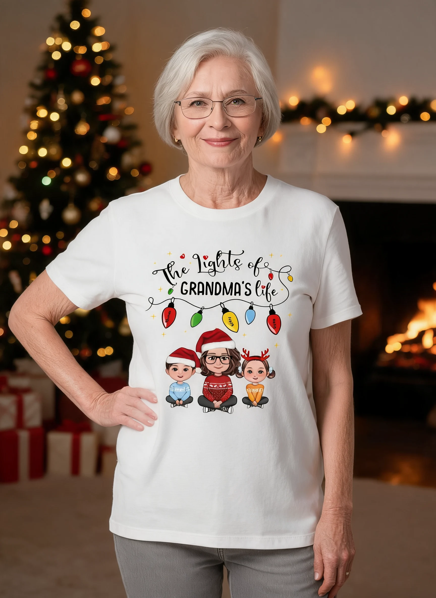 La Lumière De La Vie De Mamie Mamie Petits-Enfants Noël T-Shirt Personnalisé — Blanc