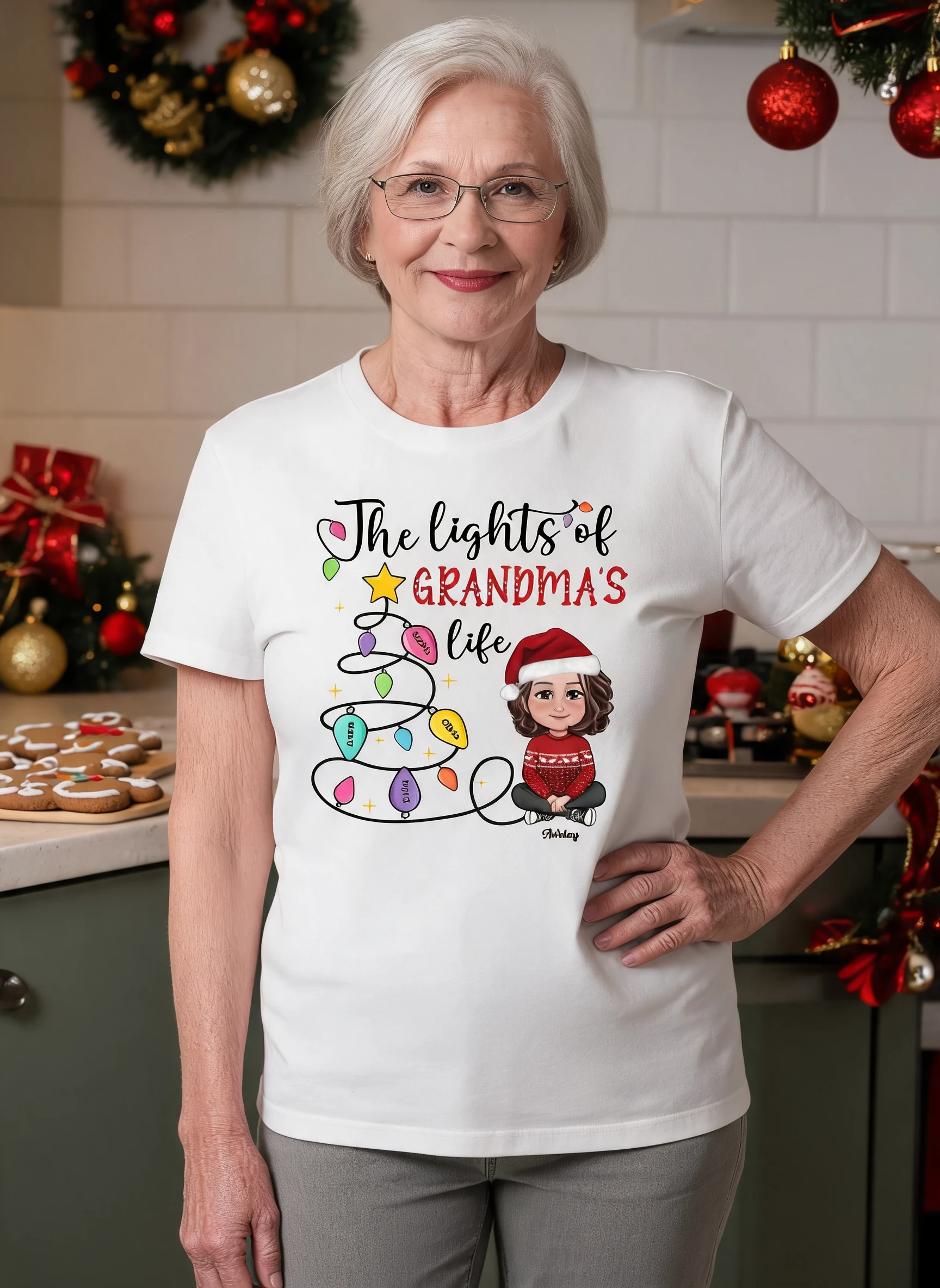 The Light Of Grandma Mom Life Christmas Personalized Shirt — White