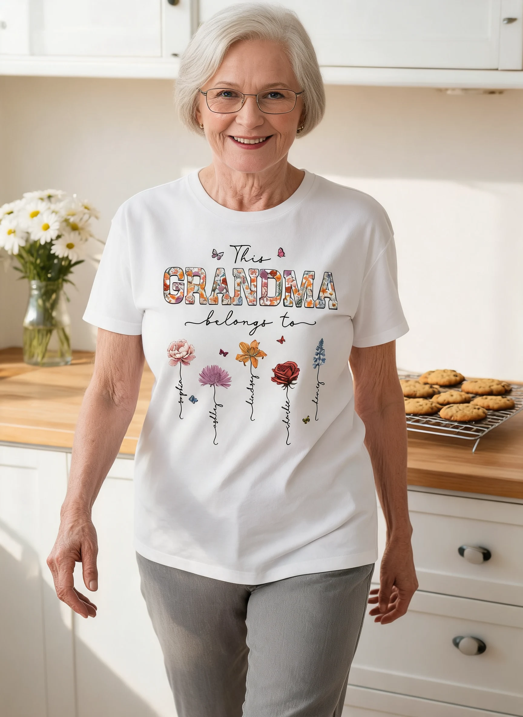This Grandma Belongs To Vintage Birth Month Flowers Personalized Shirt — White