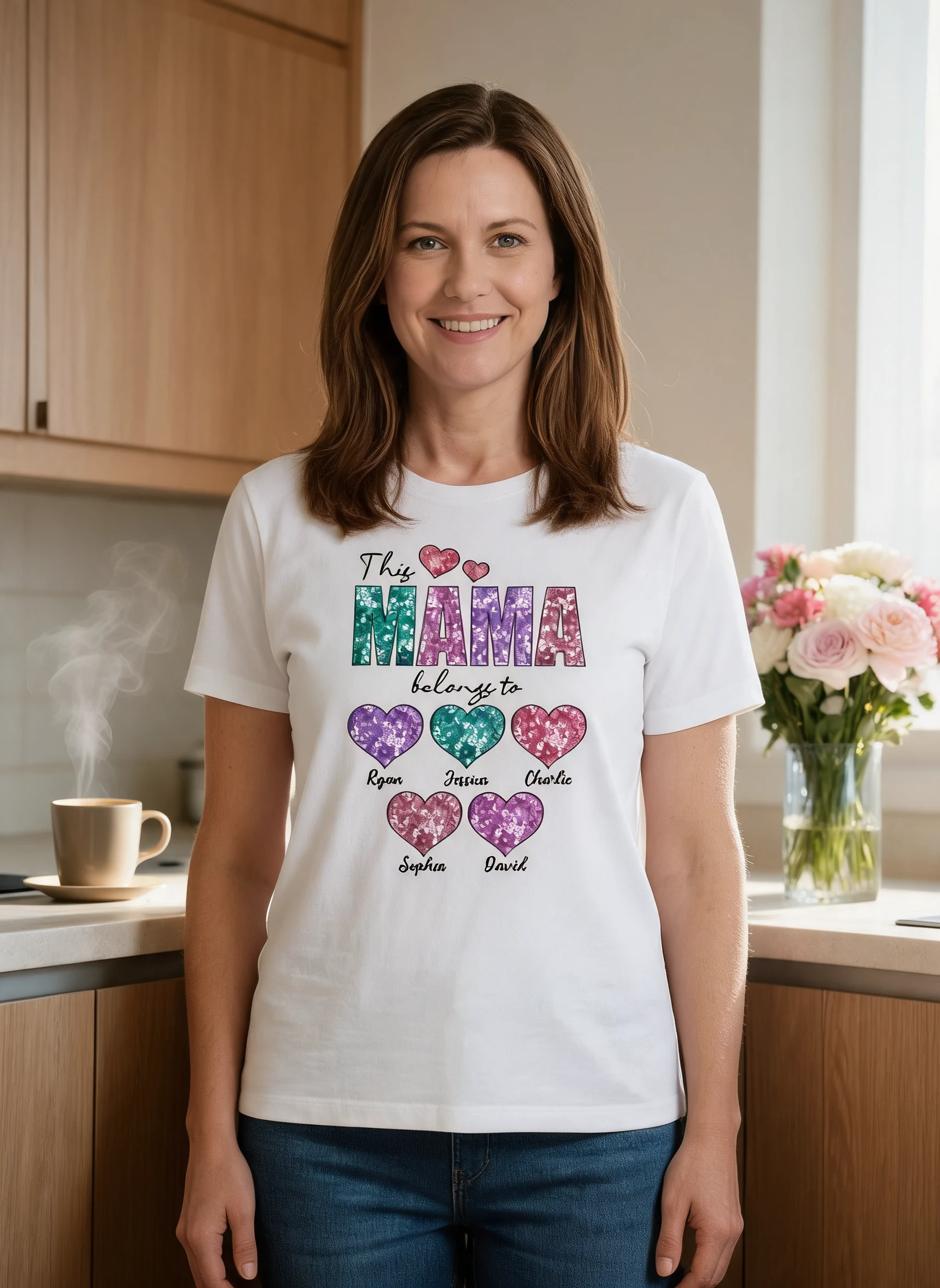 This Grandma Mom Belongs To Faux Sequin Hearts Personalized Shirt — White
