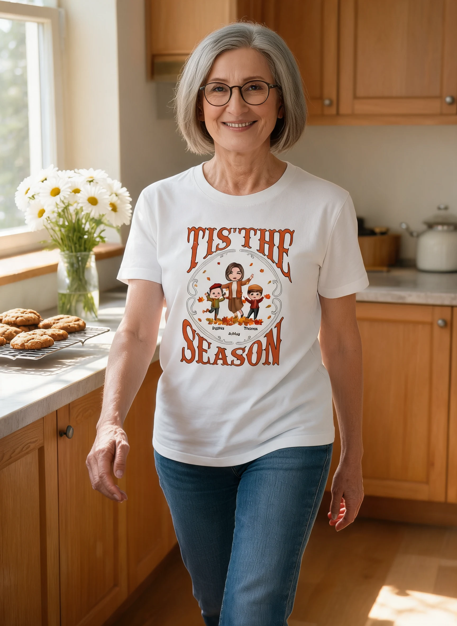 Tis' The Season Happy Grandma & Grandkids Fall Season Personalized Shirt — White