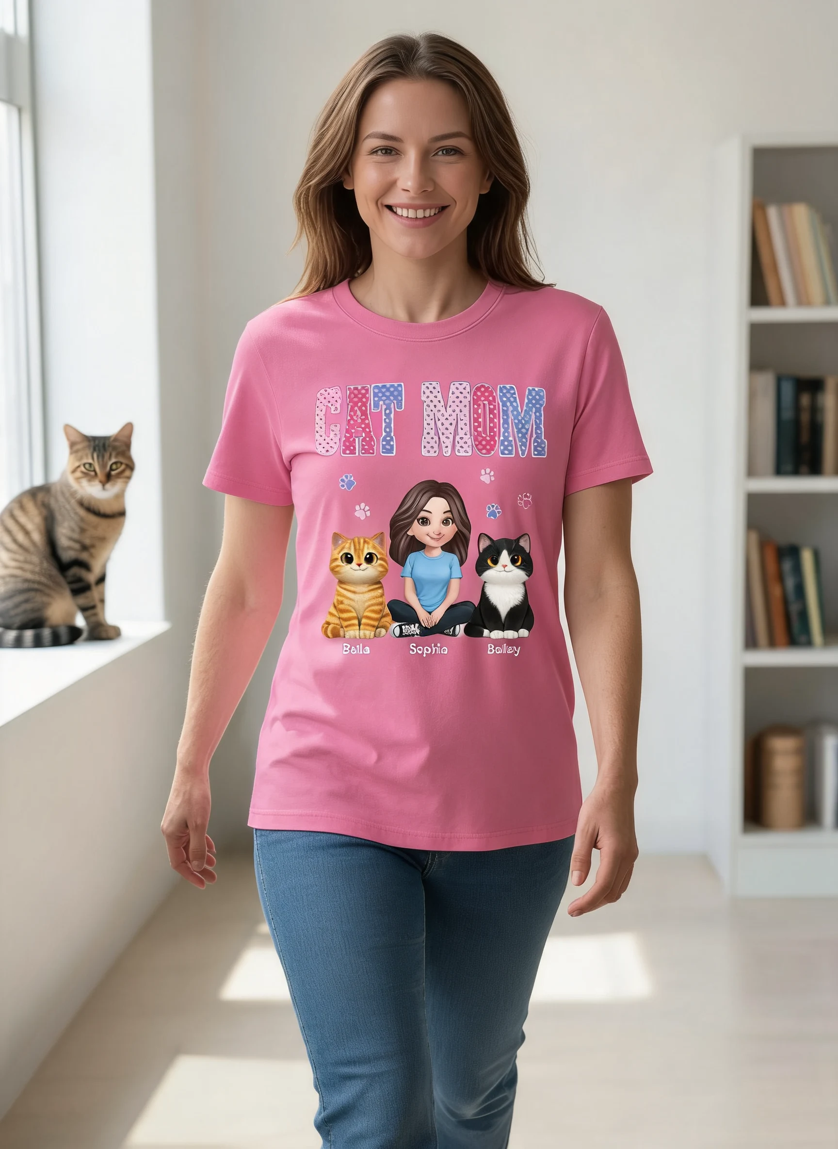 Trending 2026 Polka Dot Pattern Spring Summer Vibe Cat Mom - Personalized Shirt - Mother's Day Gift For Cat Mom — Light Pink