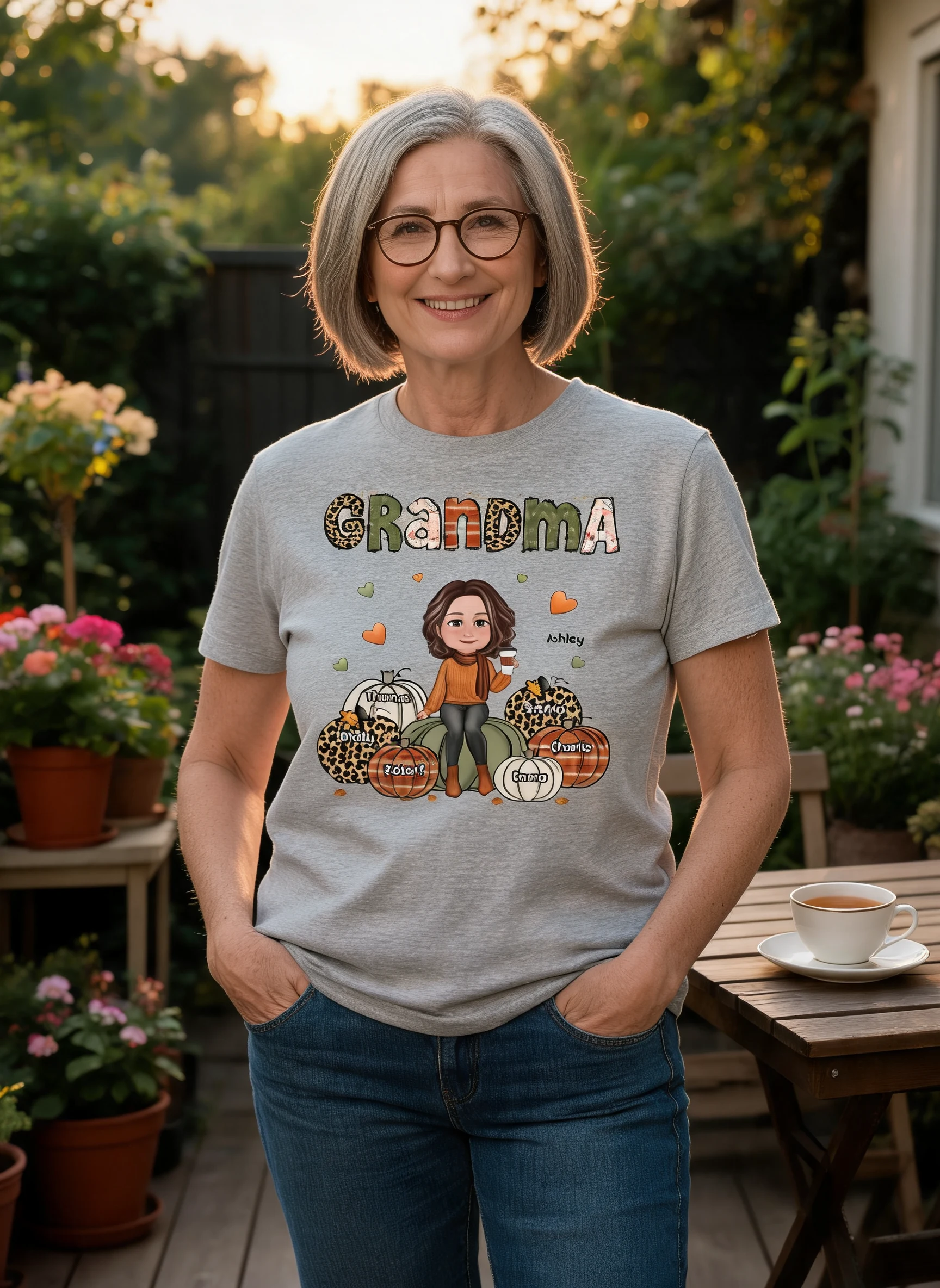 Vintage Orange & Grün Oma Gemusterte Kürbisse Kinder-Namen Herbst Personalisiertes Shirt — Sport Grey