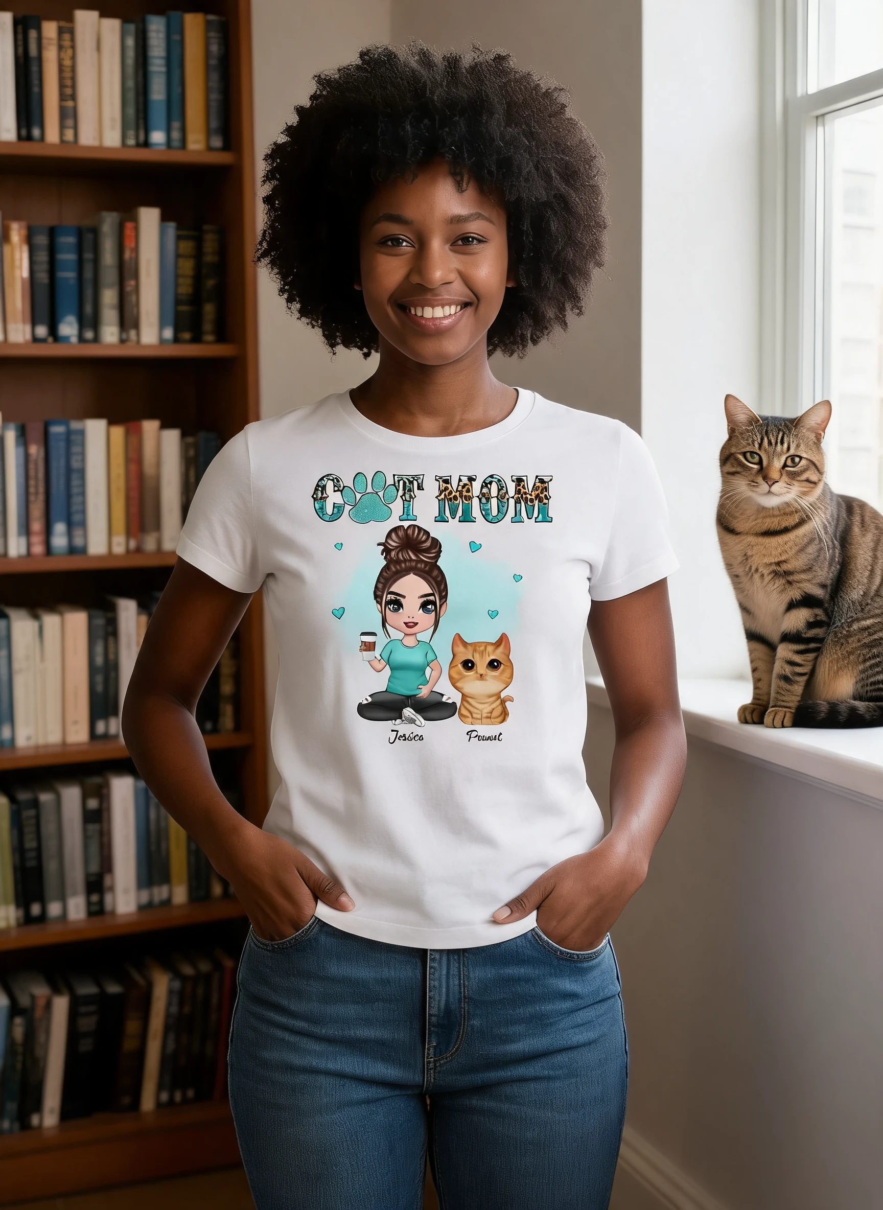 Watercolor Cute Cats Teal And Leopard Cat Mom Personalized Shirt — White