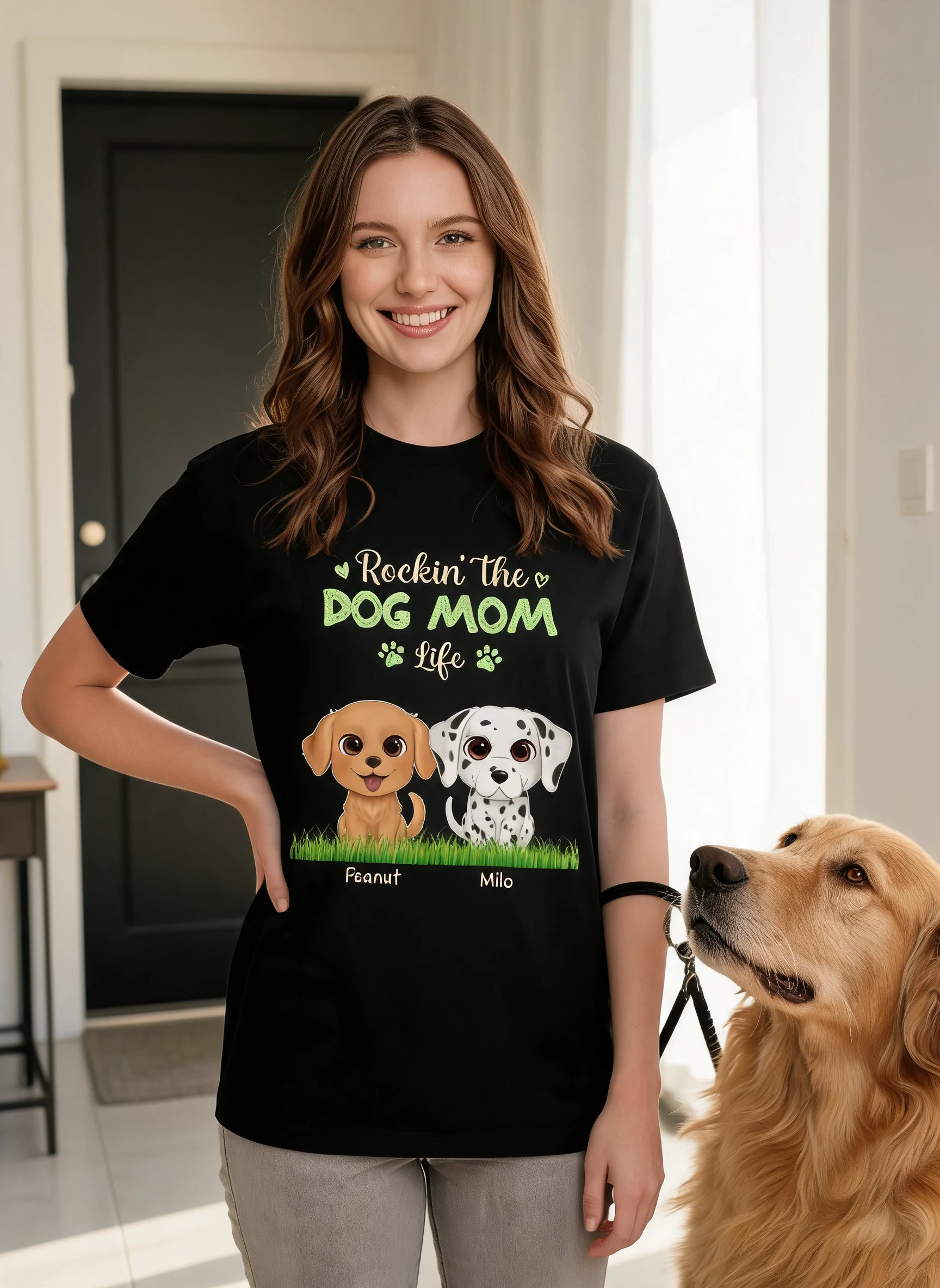 Aquarell Süße Hunde Rockin' The Dog Mom Life Personalisiertes Shirt — Schwarz