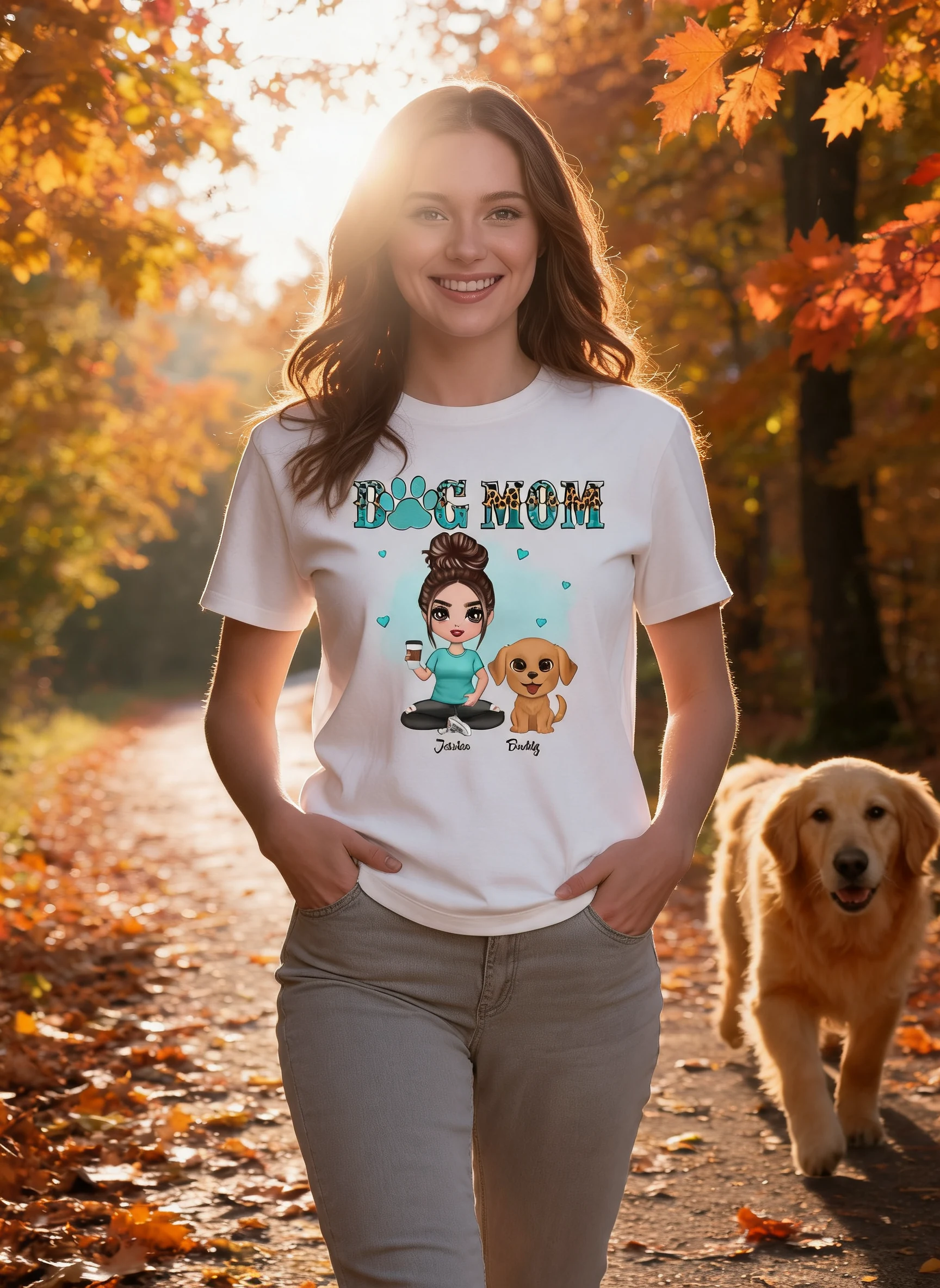 Camisa Personalizada de Mamá de Perro, Perros Lindos en Acuarela, Verde Azulado y Leopardo — Blanca