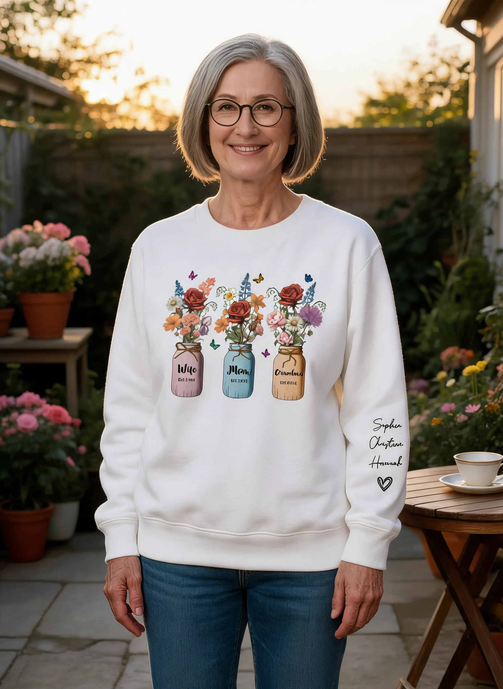 Wife Mom Grandma Vintage Birth Month Flowers Personalized Sleeve Printed Sweatshirt — White