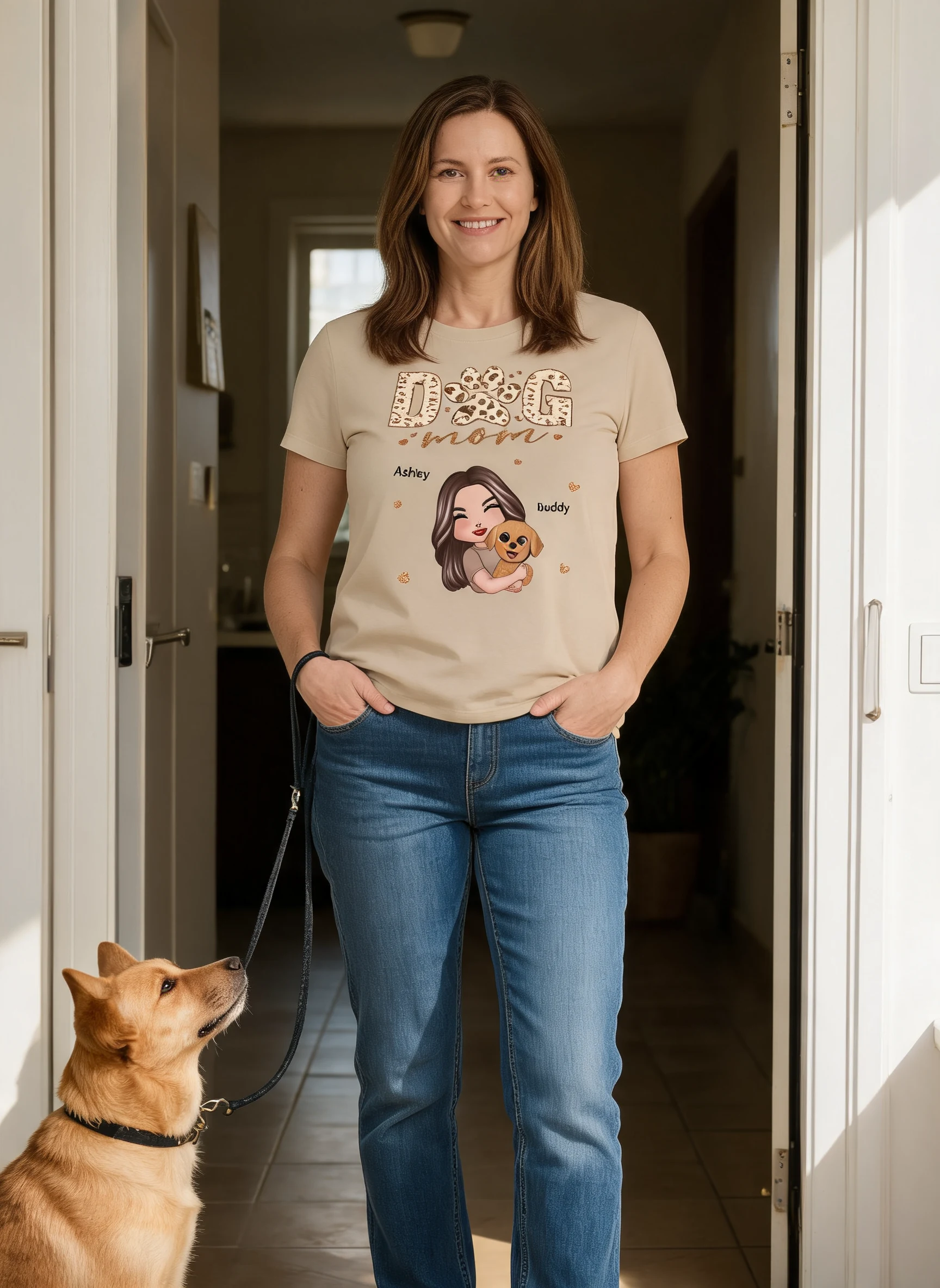 Woman Hugging Dog Mother's Day Gift For Dog Mom Personalized Shirt — Sand