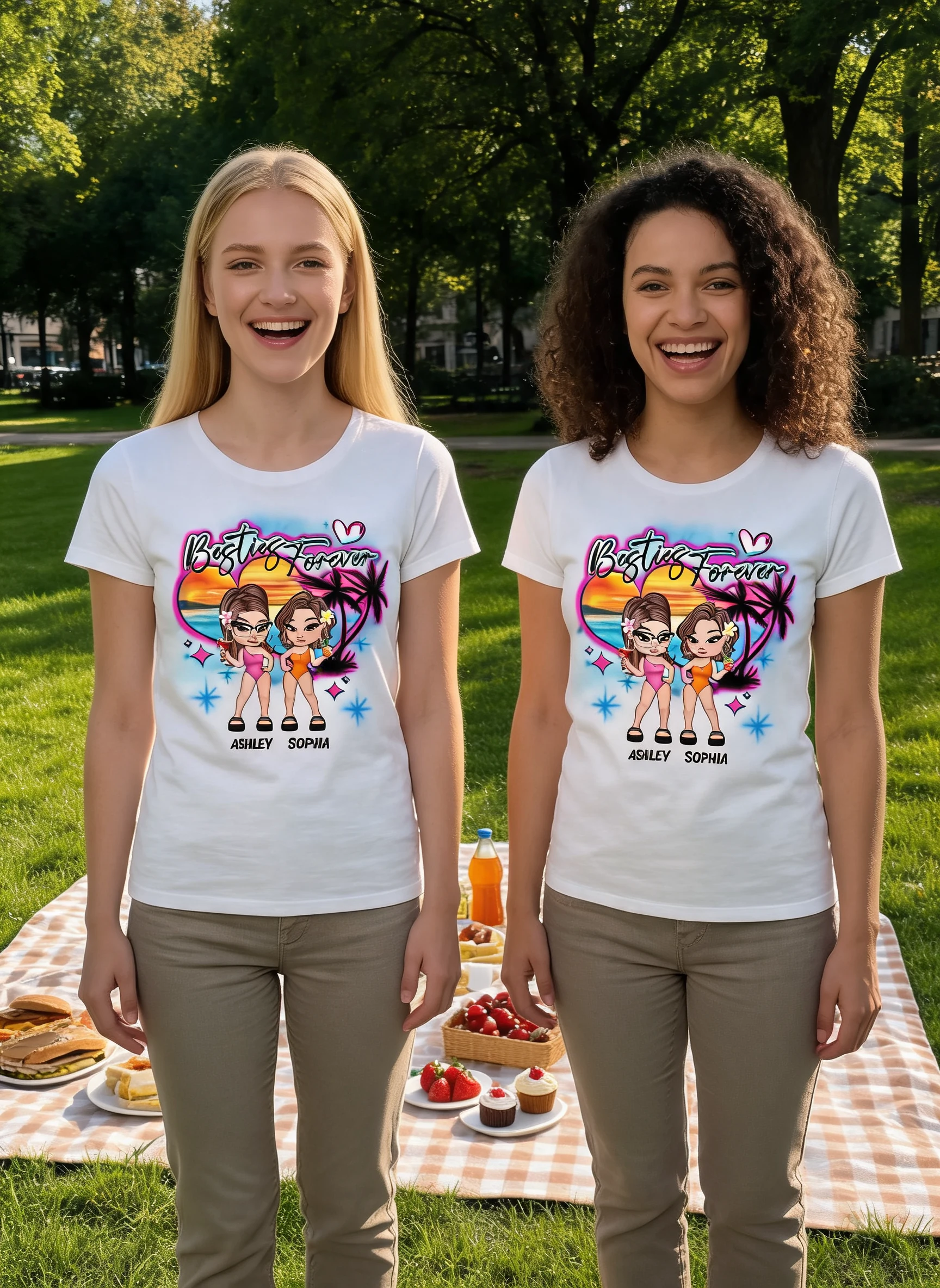 Y2K Besties Airbrushed Summer Beach Personalized Shirt — White