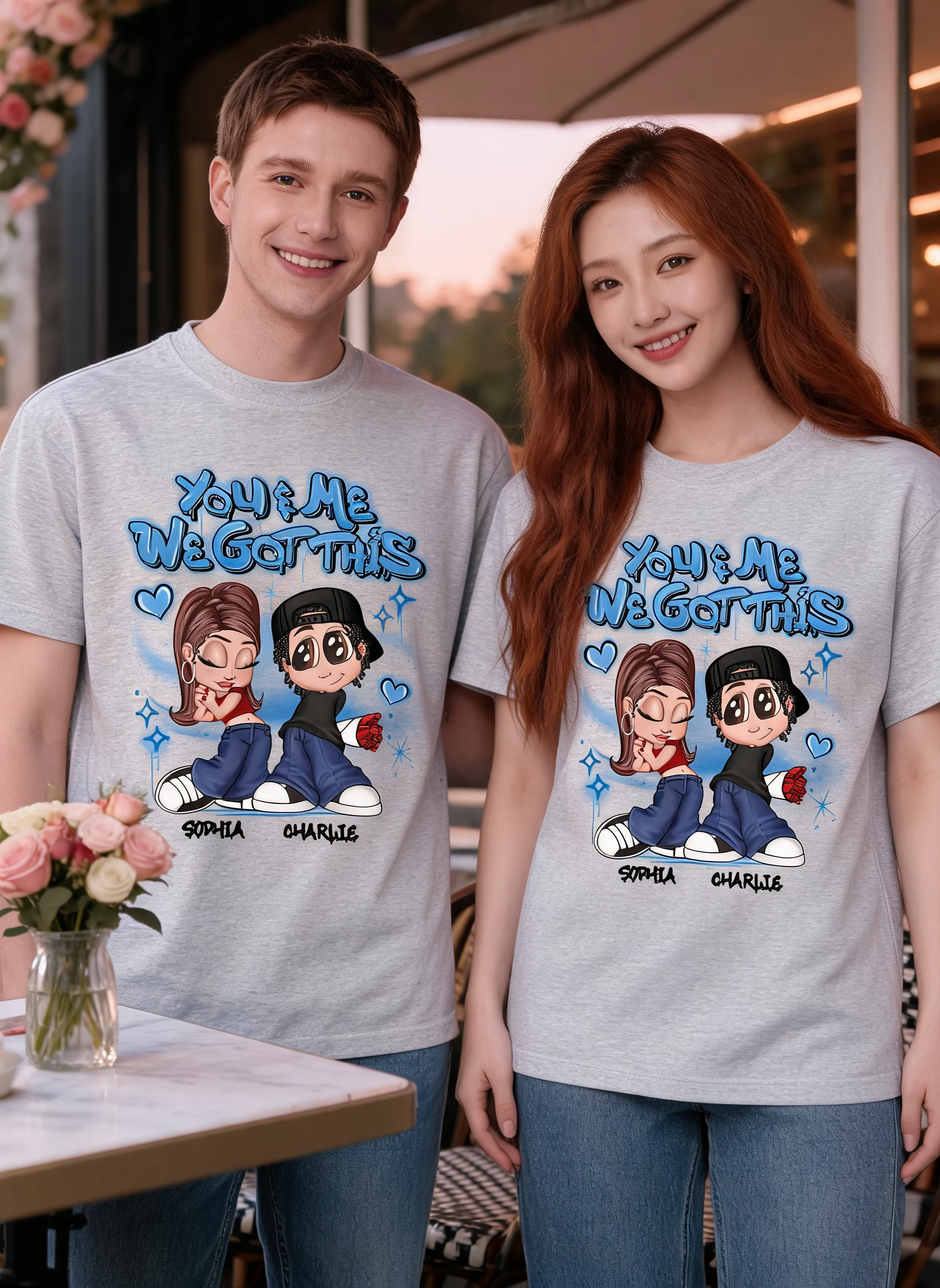 Y2K Couple Airbrushed - Personalized Shirt - Unique Valentine's Day Gift For Him, Gift For Her — Sport Grey