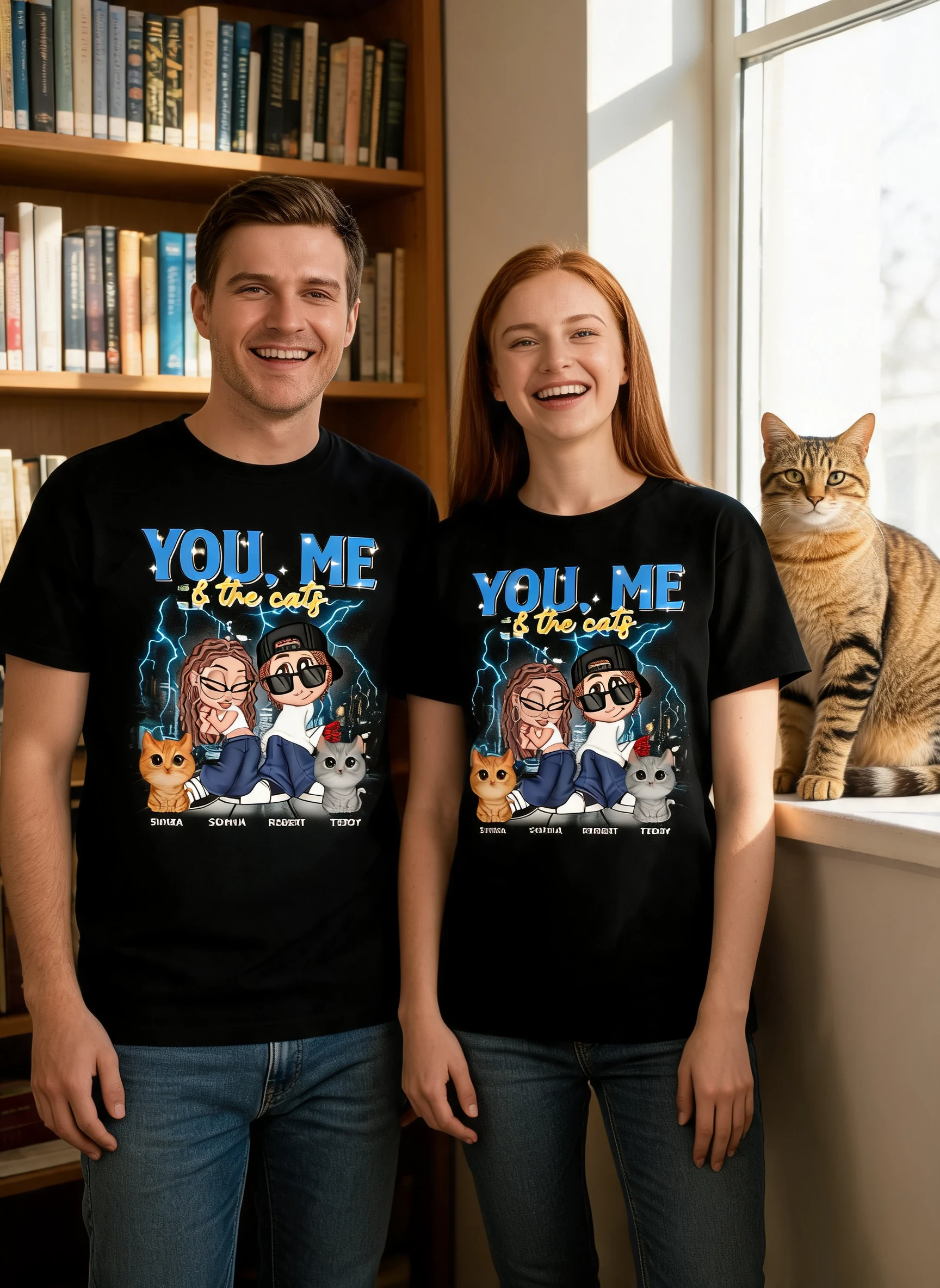 Y2K Paar und Katzen Bootleg Personalisiertes Shirt — Schwarz