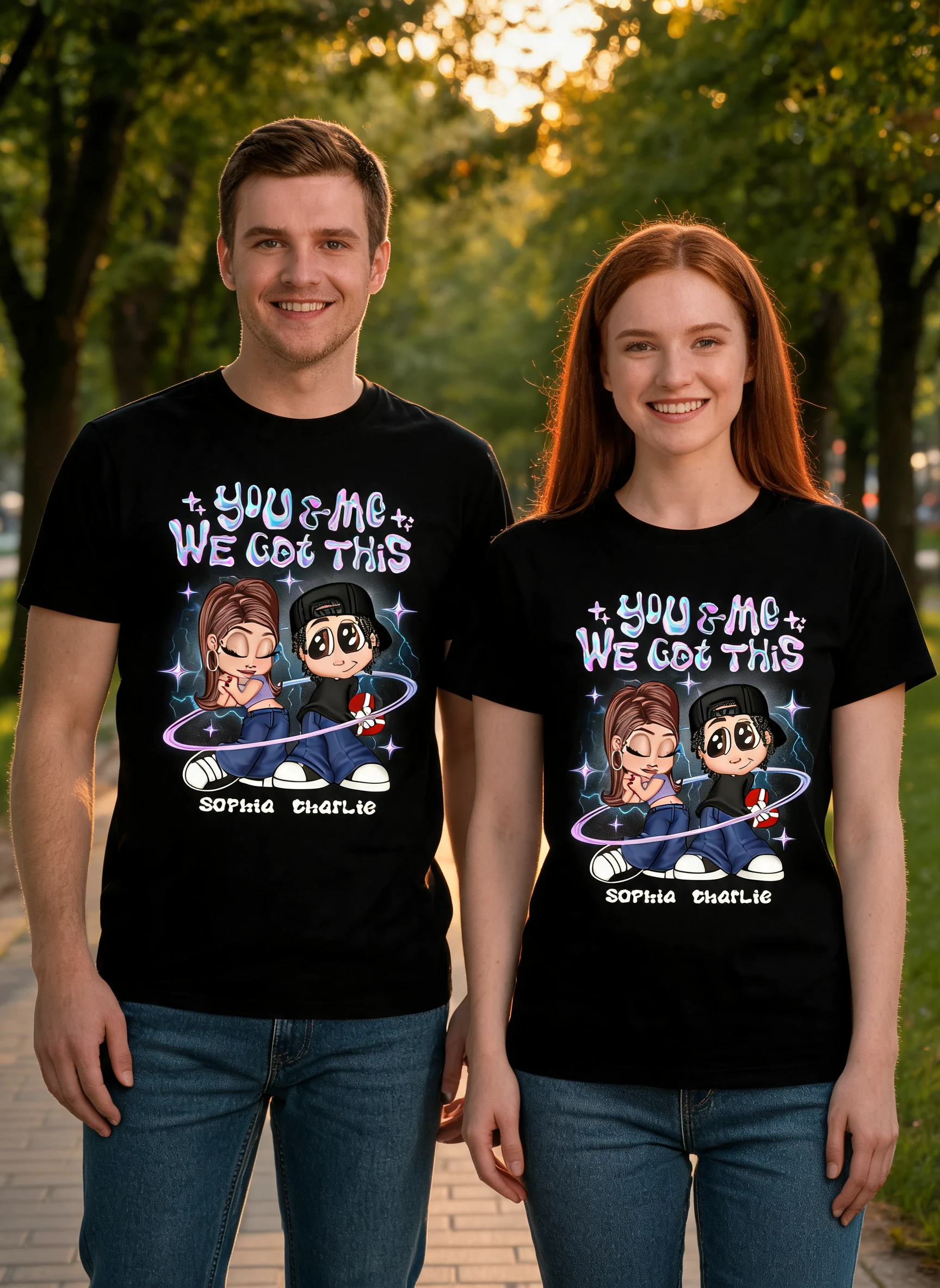 Y2K Couple Hologram Pattern Personalized Shirt, Gift For Him Gift For Her — Black