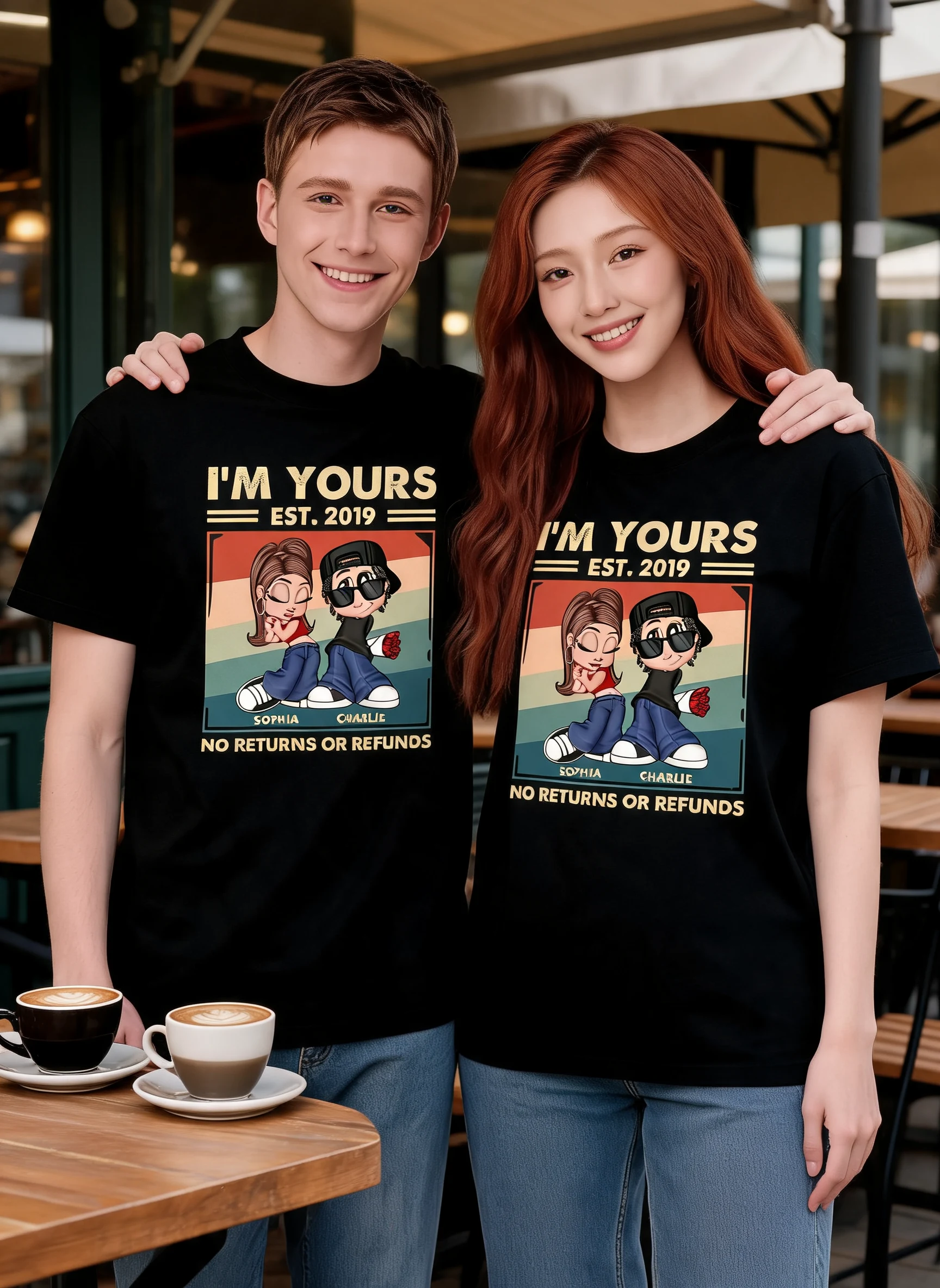 Y2K Couple Retro Frame Personalized Shirt, Gift For Him Gift For Her — Black