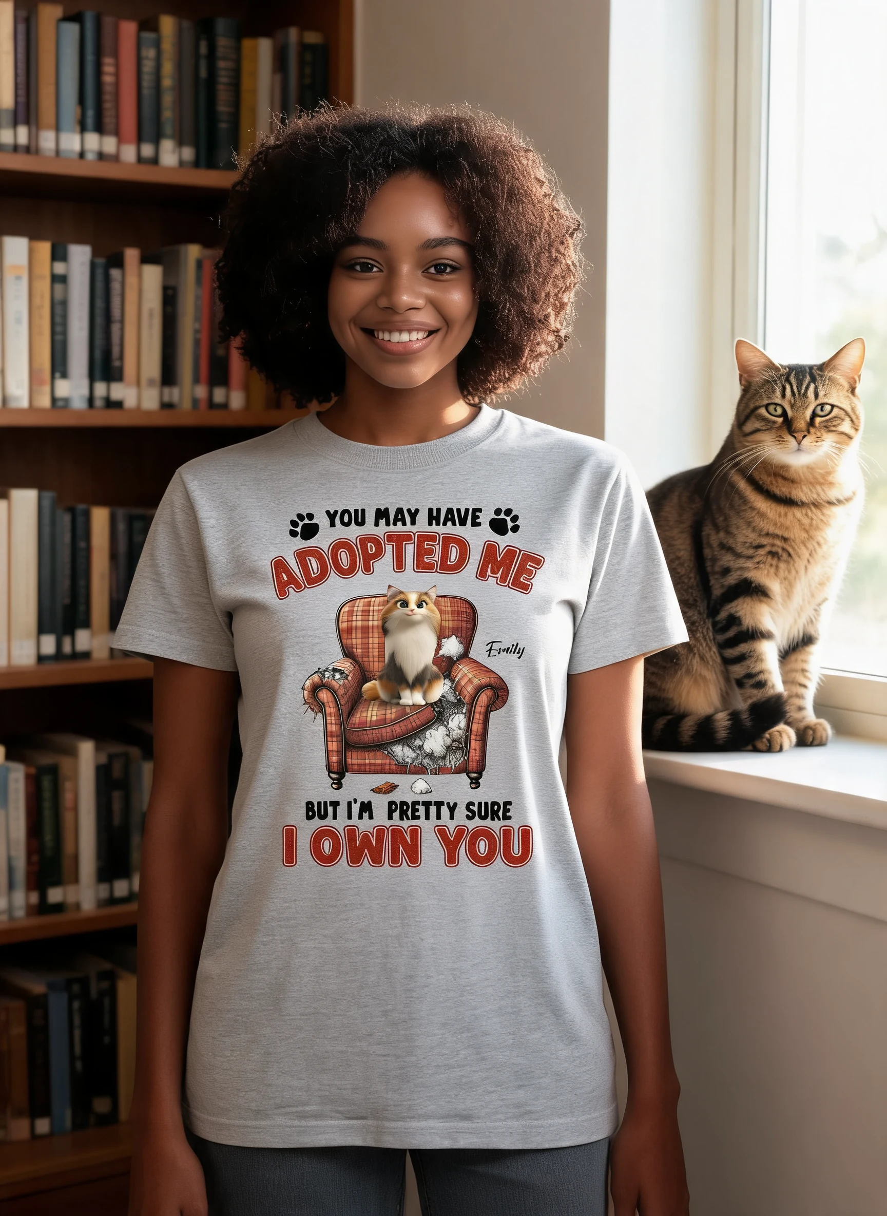 You May Have Adopted Me But I'm Pretty Sure I Own You, Funny Cartoon Cat Personalized Shirt, Gift for Cat Mom — Sport Grey