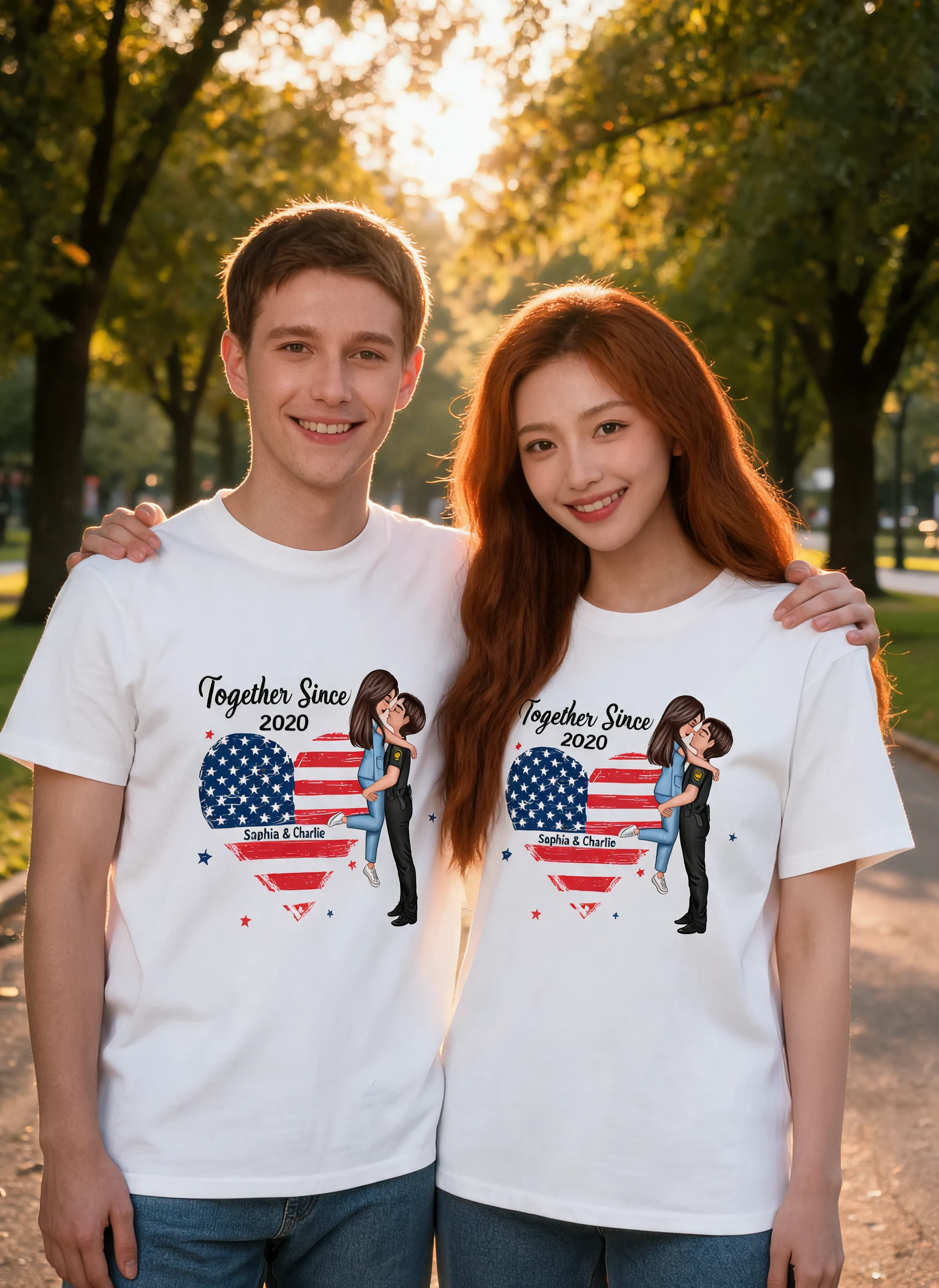 You & Me We Got This Hero Couple Hugging Kissing Nation Flag Heart Personalized Shirt, Gift by Occupation, Anniversary Gift For Him For Her — White