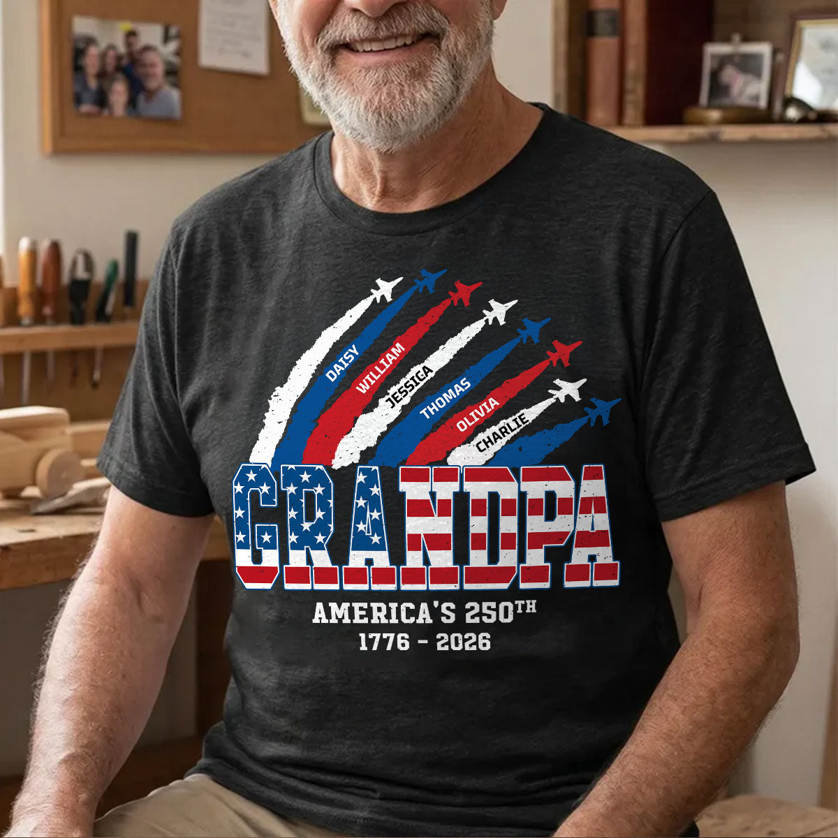 Proud Dad Grandpa Nation Flag American 250th Anniversary - Personalized Shirt - Gift For Dad, Grandpa, Celebrating 250 Years Of Freedom — Sport Grey