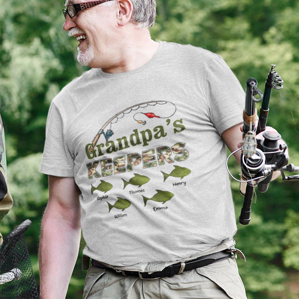 Grandpa's Keepers Camouflage Pattern Fishing - Personalized Shirt - Gift For Grandpa, Dad — Sport Grey