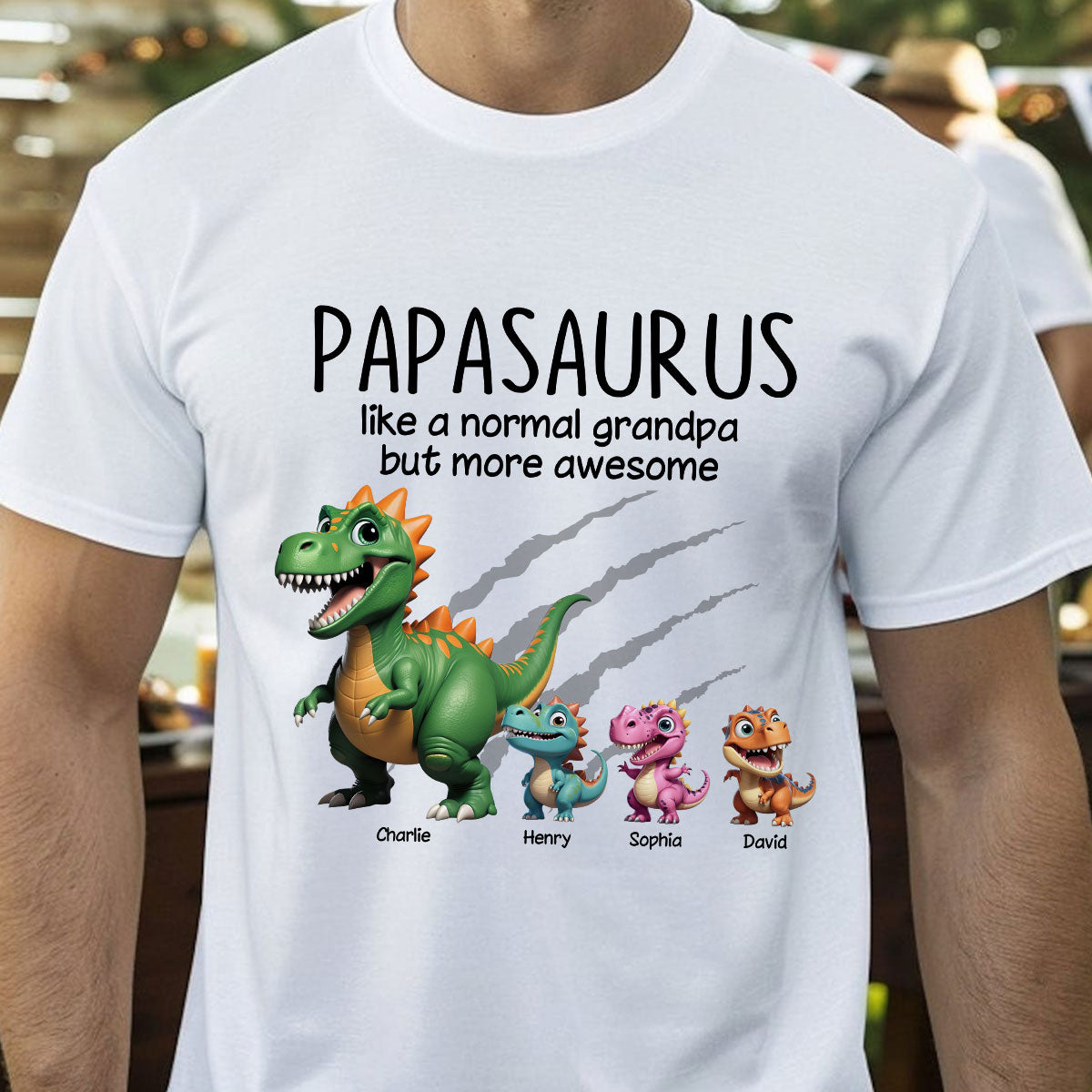 Grandpasaurus And Kids 3D Effect Dinosaurs Personalized Shirt, Father's Day Gift For Grandpa — White