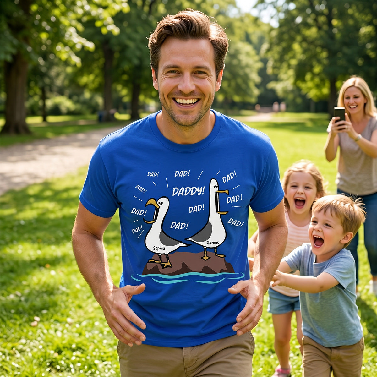 Seagull Dad! Dad! Dad! Custom Kid Name - Personalized Shirt - Funny Father's Day Gift For Dad, Husband — Light Blue