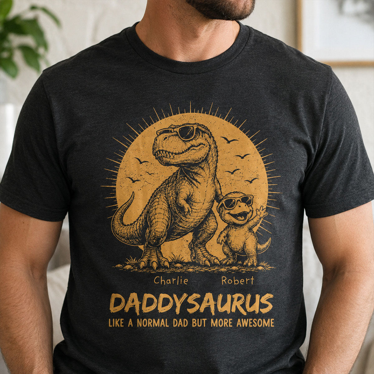 Retro Yellow Vintage Daddysaurus - Personalized Shirt - Funny Father's Day Gift For Dad, Husband — Sport Grey