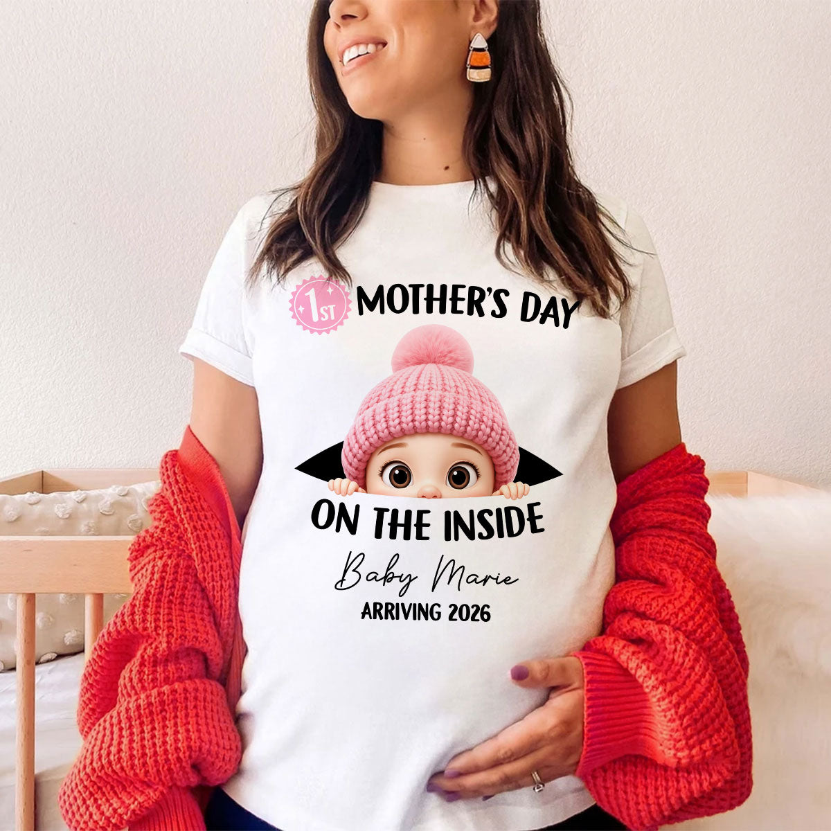 First Mother's Day on the Inside - Personalized Shirt - Baby Arriving Gift, Custom Pregnancy Announcement Tee — White