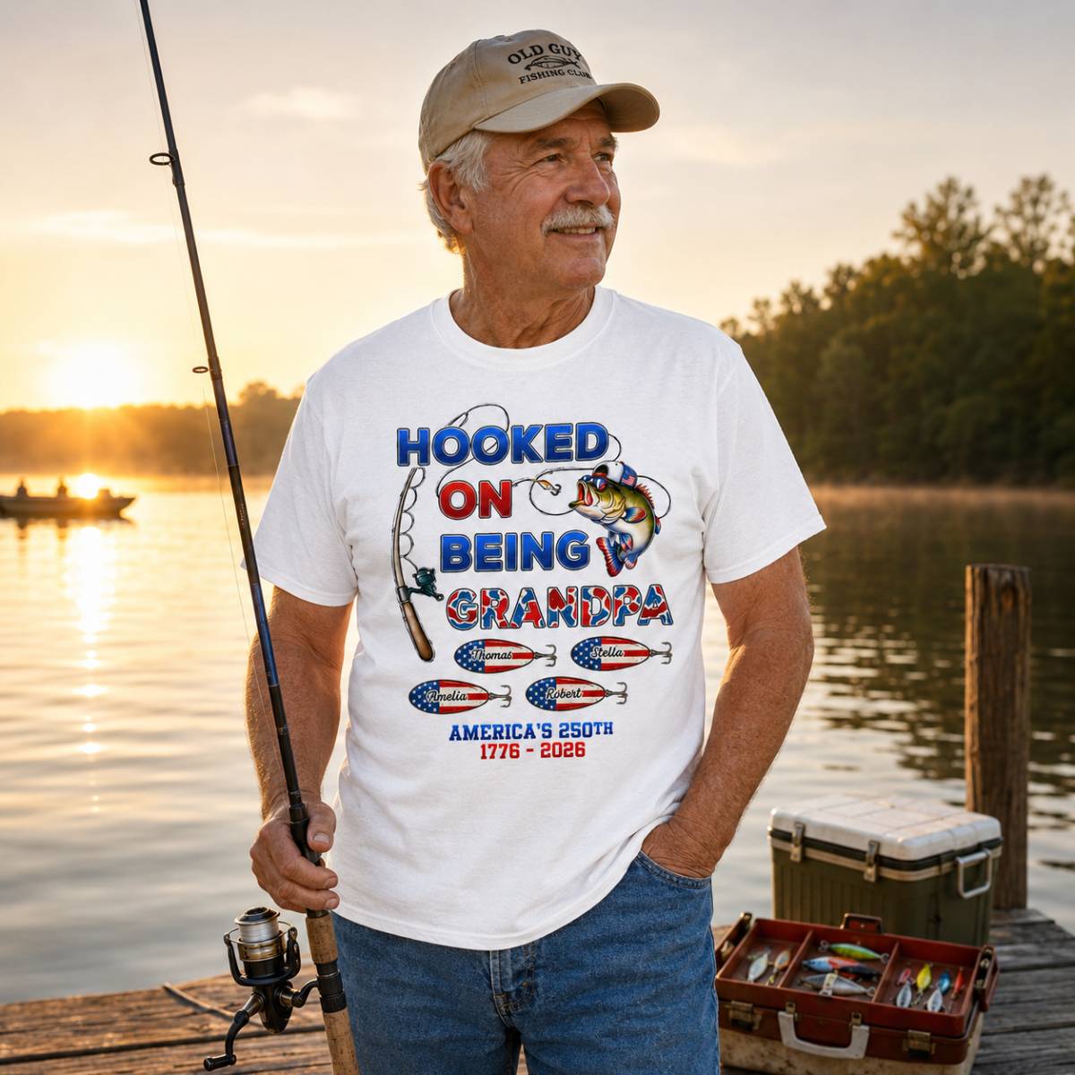 Fishing Grandpa Hooked On Freedom America 250th Anniversary - Personalized Shirt - Gift For Grandpa, 250 Years Of Freedom — White