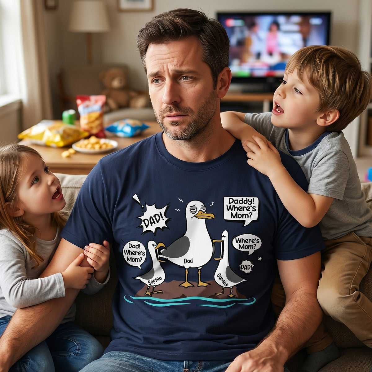 Où est Maman Mouette Fatiguée Drôle & Enfants Nom Personnalisé - T-Shirt Personnalisé - Cadeau Drôle Fête des Pères Pour Papa, Mari — Bleu Clair