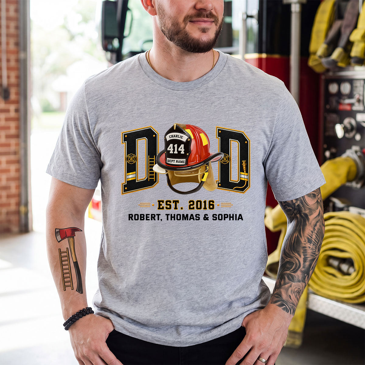 Proud Firefighter Dad Firefighter Helmet - Personalized Shirt - Father's Day Gift For Dad, Husband — Sport Grey