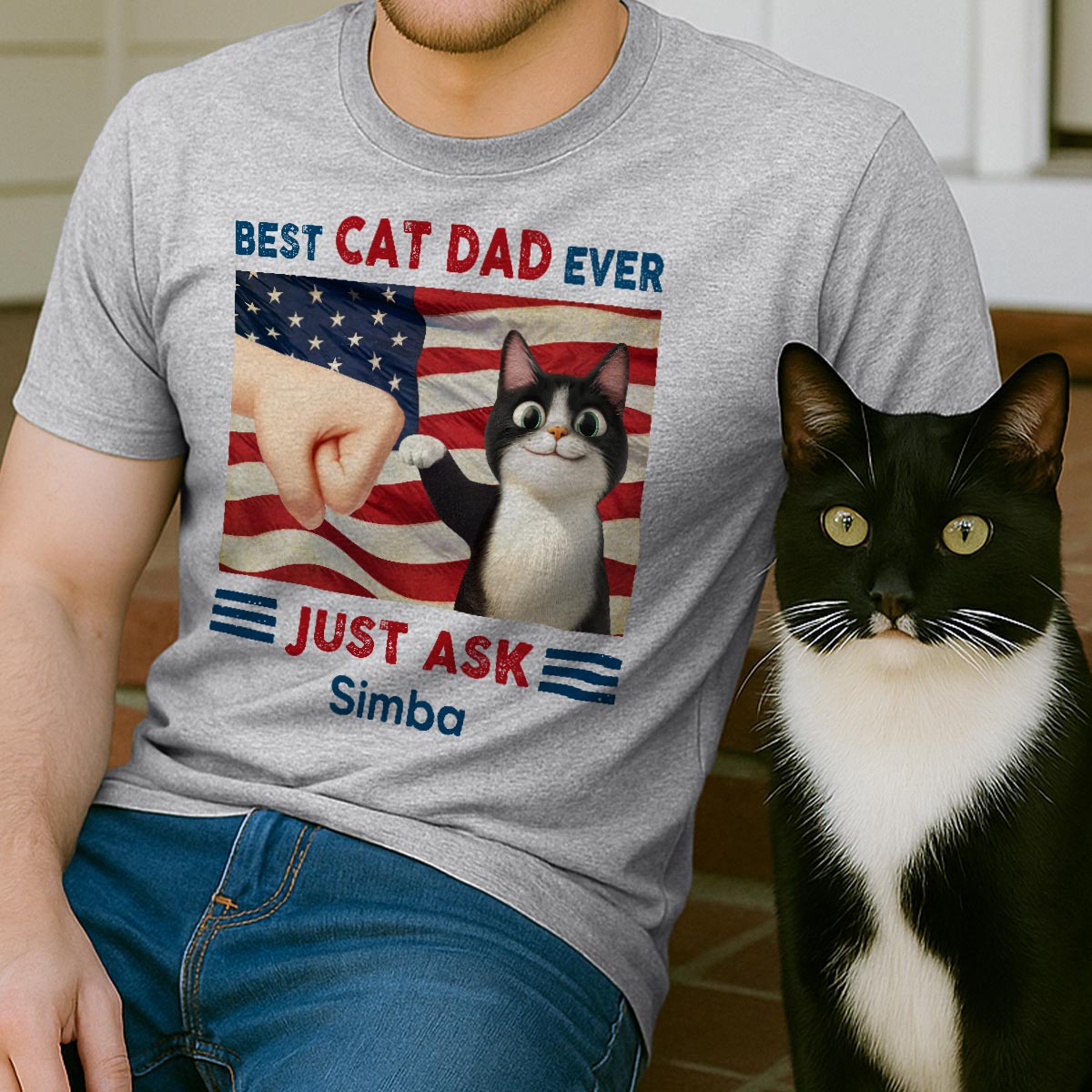 Best Cat Dad Ever Just Ask Nation Flag 4th of July Personalized Shirt — Sport Grey