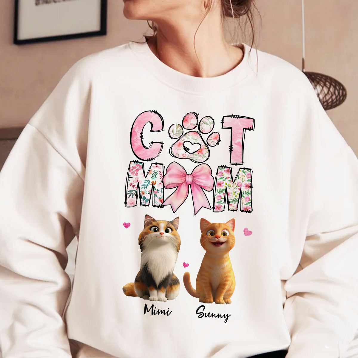 Cat Mom Pink Coquette Personalized Shirt, Cartoon Cute Cat, Gift for Cat Moms — White