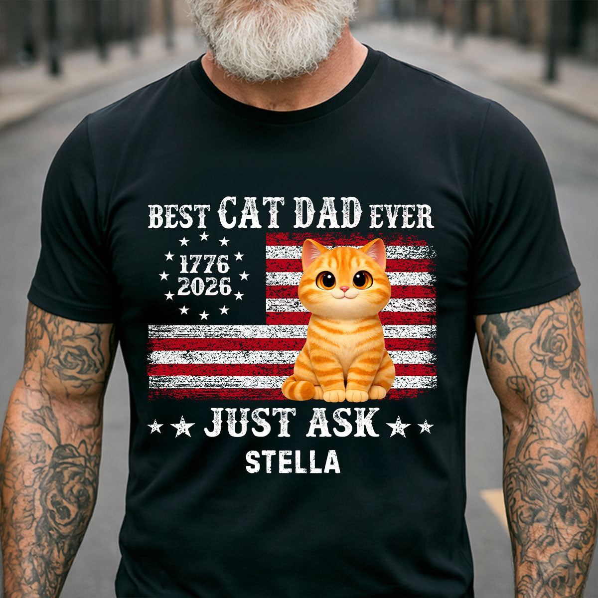 Proud Best Cat Dad Ever Nation Flag 250th Anniversary - Personalized Shirt - Father's Day Gift For Cat Dad, Cat Lovers — Black