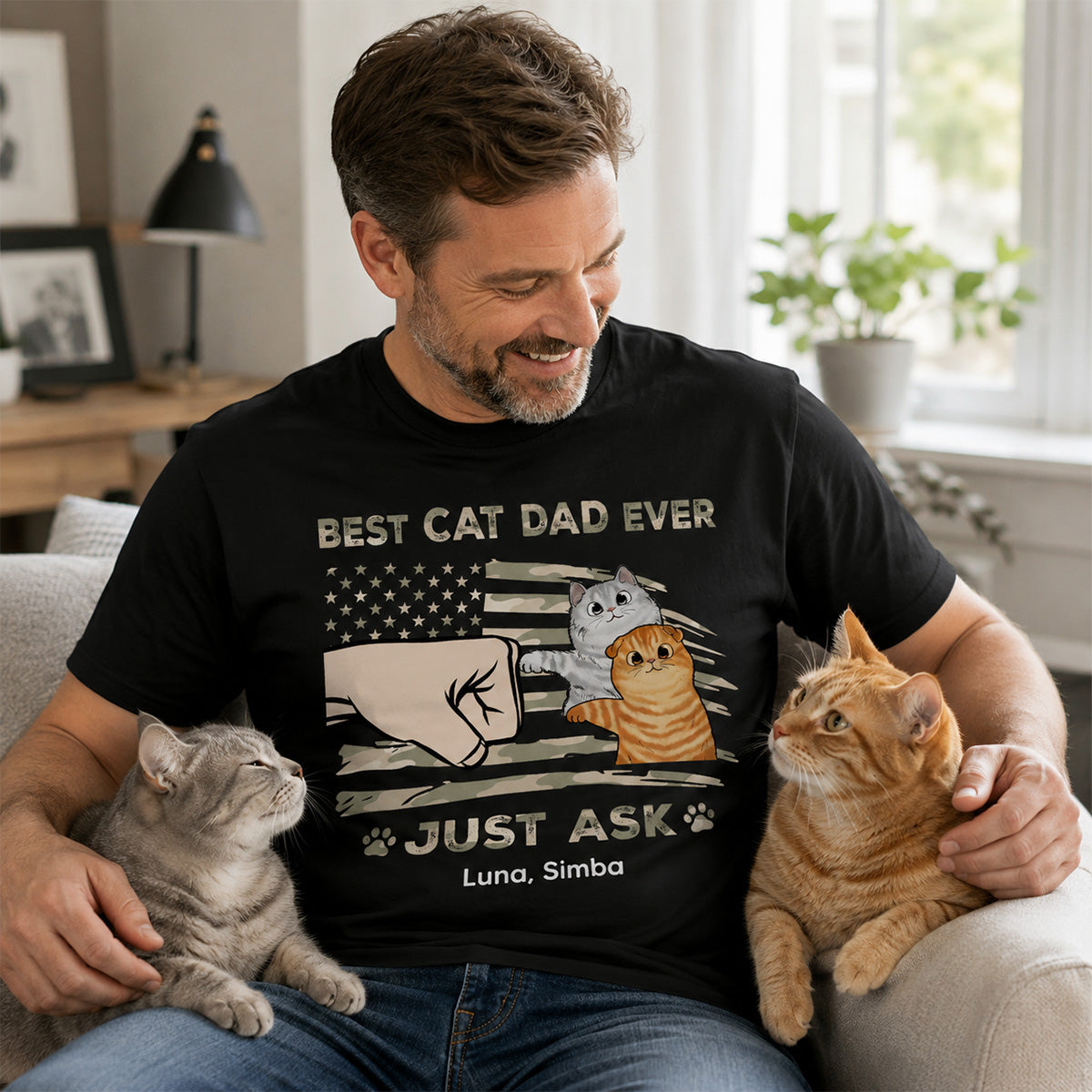 Best Cat Dad Ever Nation Flag - Personalized Shirt - Father's Day Gift For Cat Dad, Patriotic 4th Of July Gift, USA 250th Anniversary — Black